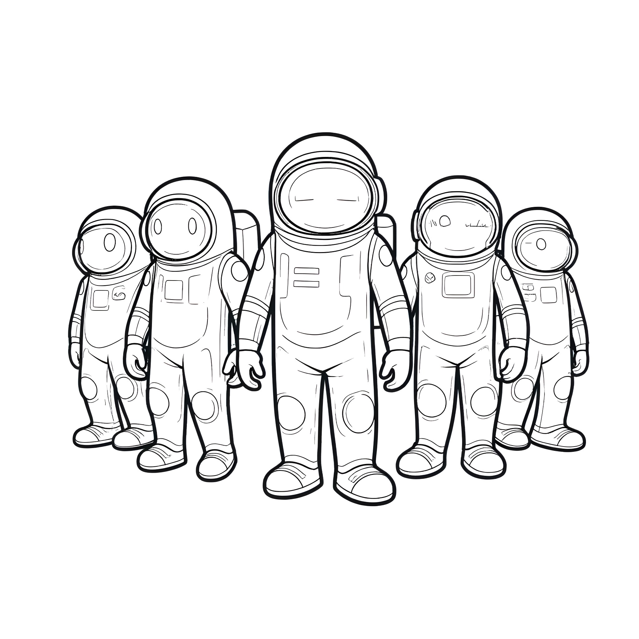 Among Us Astronauts in Spacesuits Coloring Page (free black-and-white line drawing printable PDF for all, from beginners to advanced learners, including children, teens, adults, and seniors)