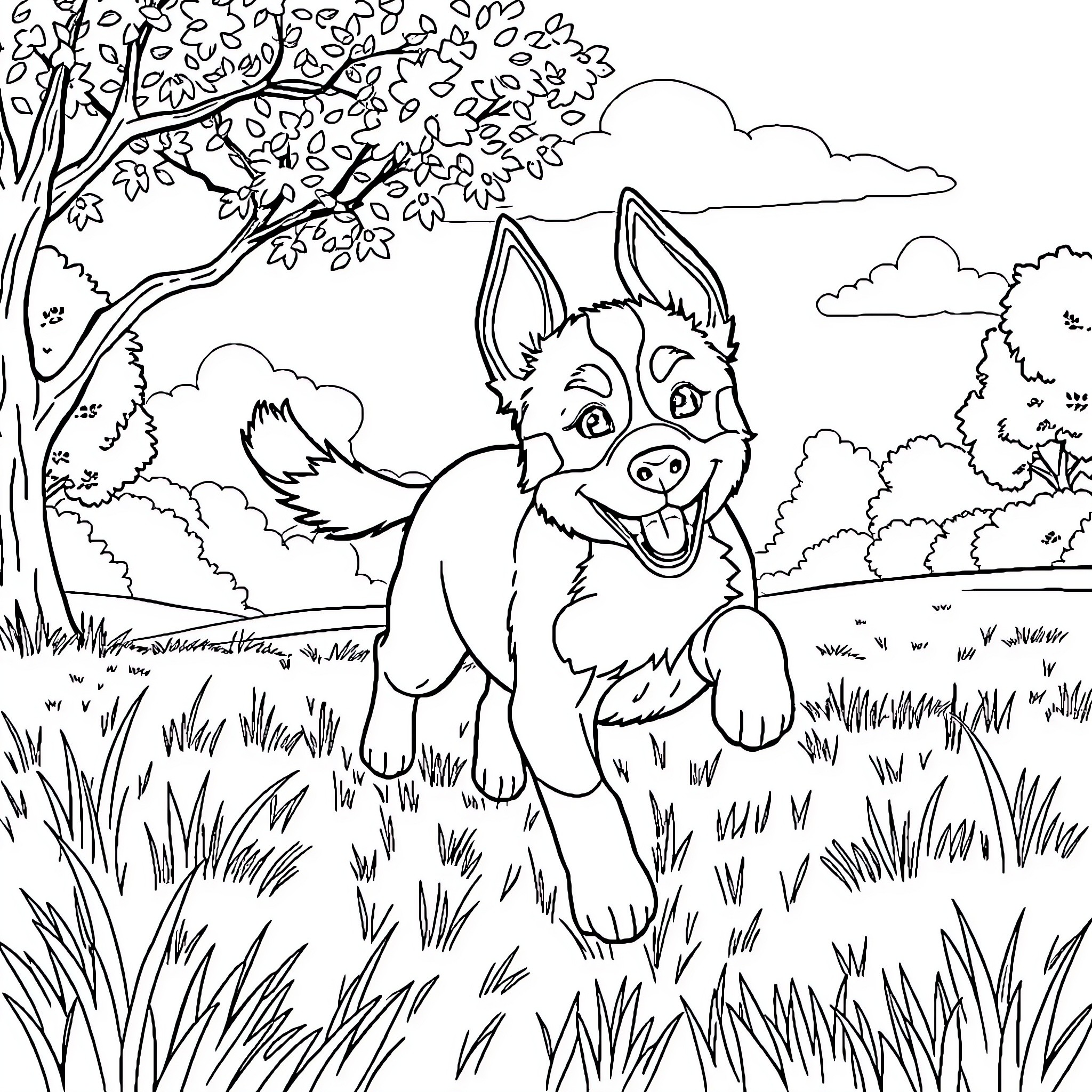 Bluey playing happily in the park Coloring Page (free black-and-white line drawing printable PDF for all, from beginners to advanced learners, including children, teens, adults, and seniors)