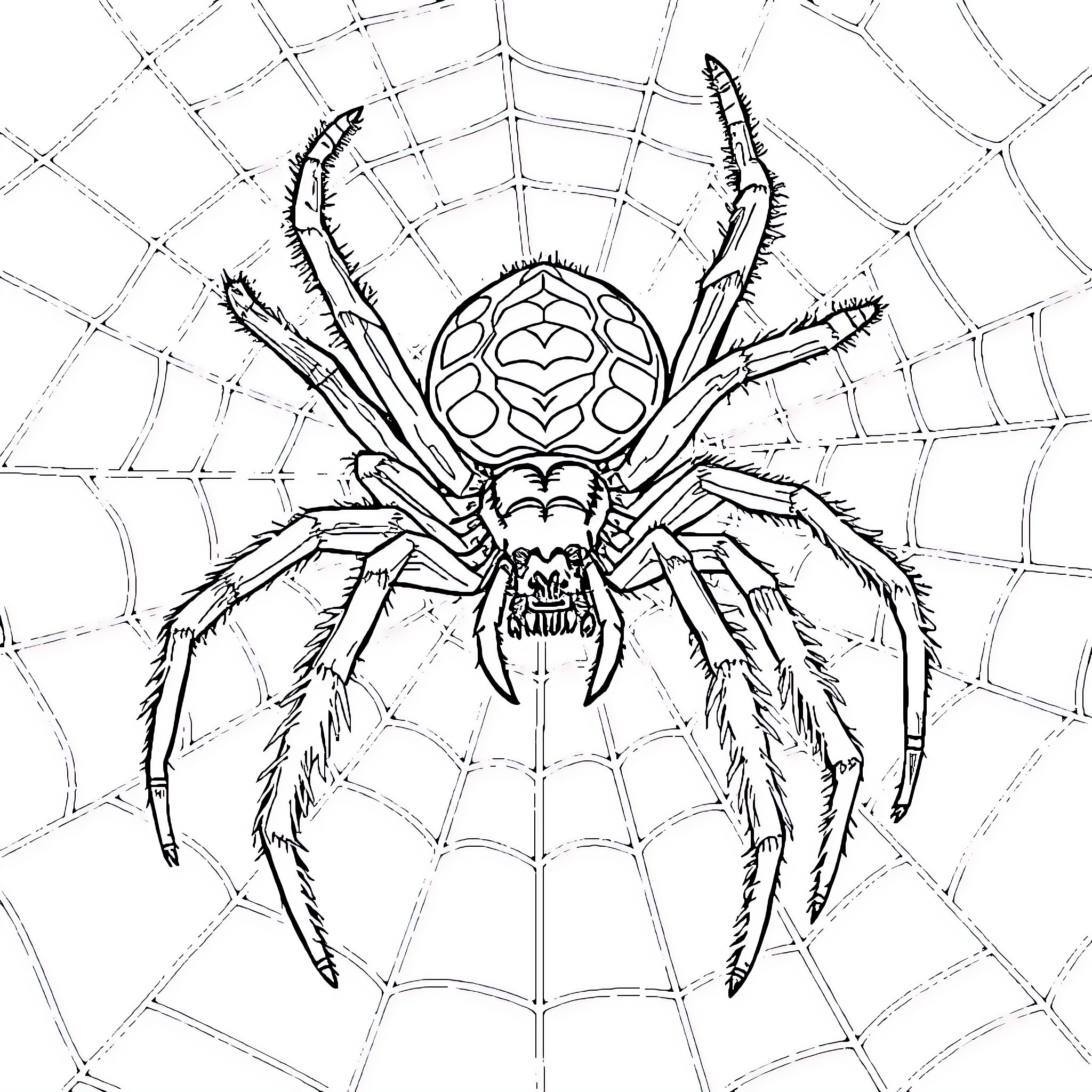 Spider in a Detailed Web Coloring Page (free black-and-white line drawing printable PDF for all, from beginners to advanced learners, including children, teens, adults, and seniors)