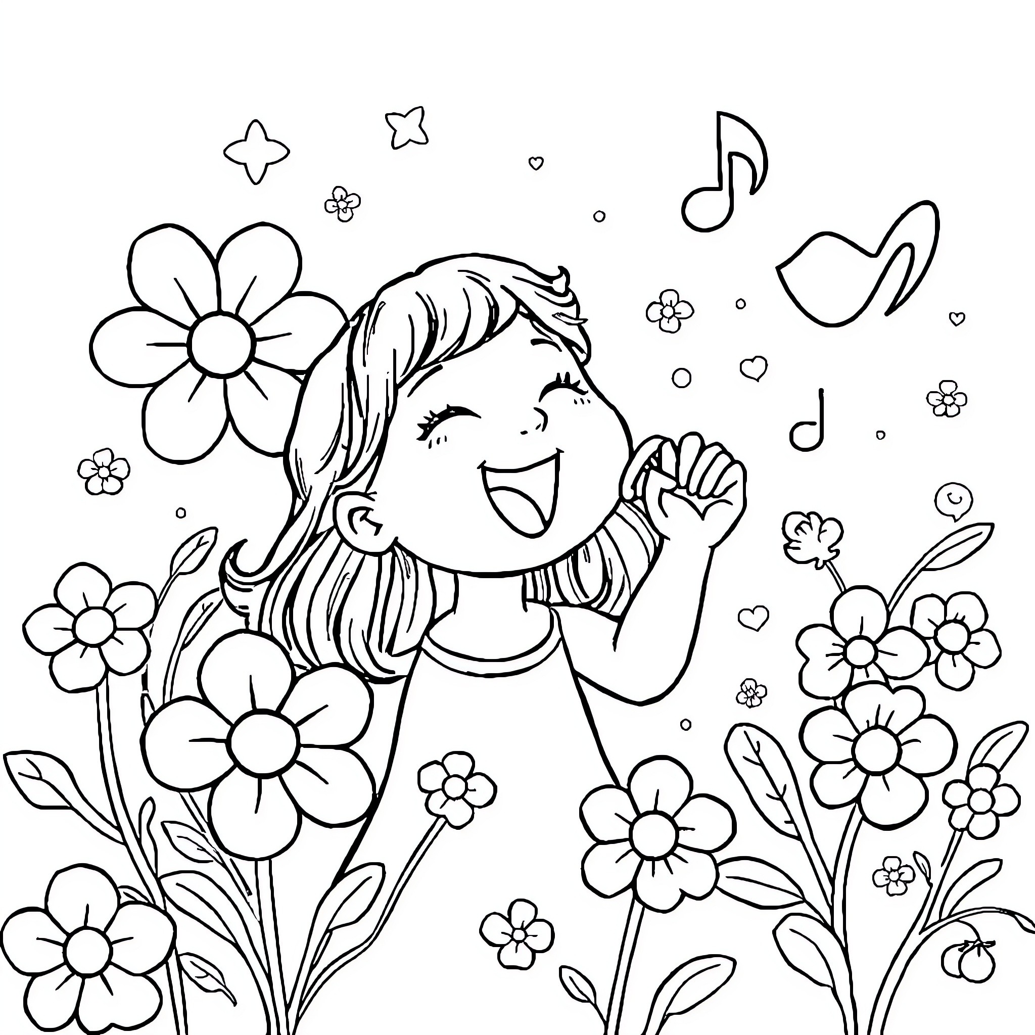 Tralalero girl surrounded by flowers and music notes Coloring Page (free black-and-white line drawing printable PDF for all, from beginners to advanced learners, including children, teens, adults, and seniors)