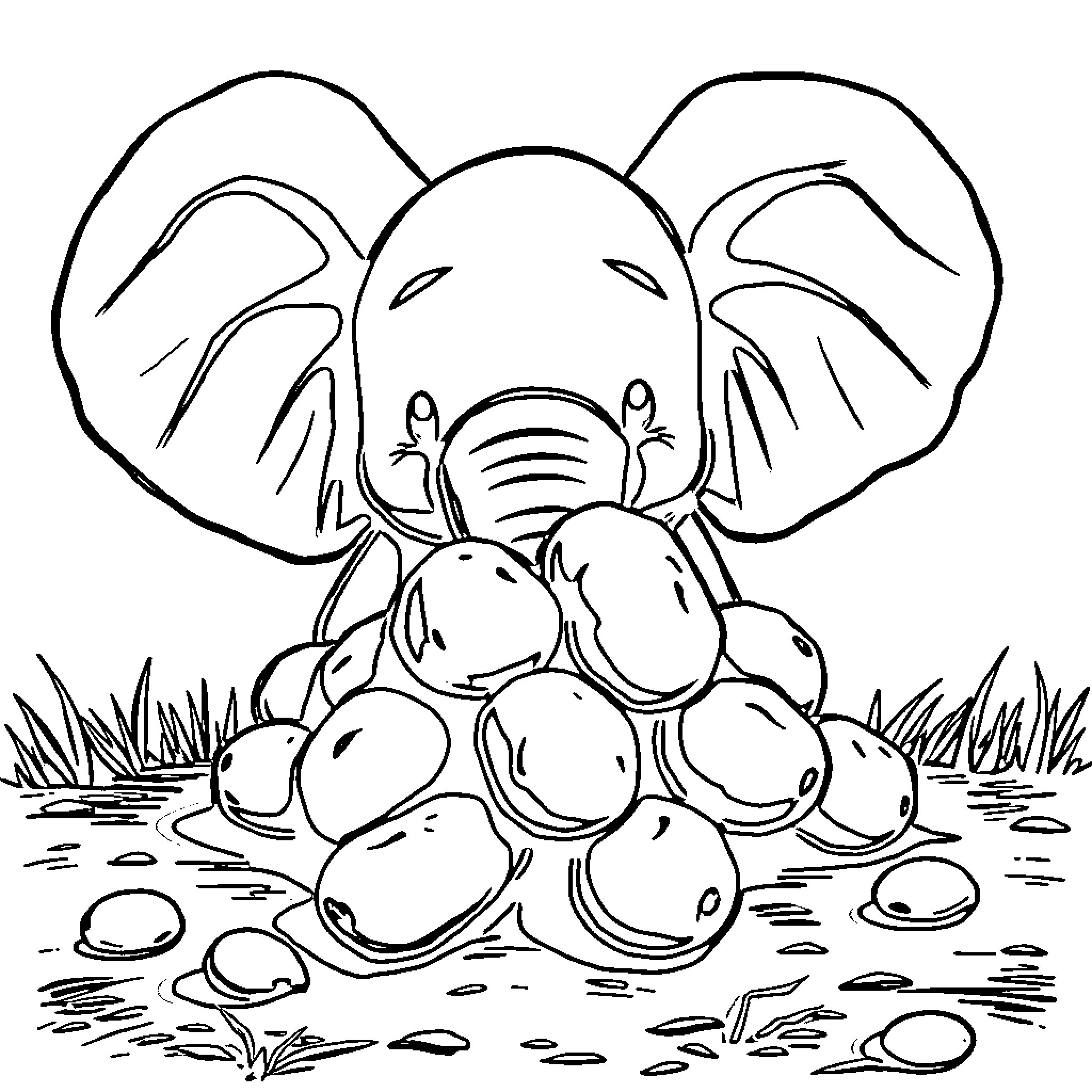 Potato elephant enjoys resting in the grass Coloring Page (free black-and-white line drawing printable PDF for all, from beginners to advanced learners, including children, teens, adults, and seniors)