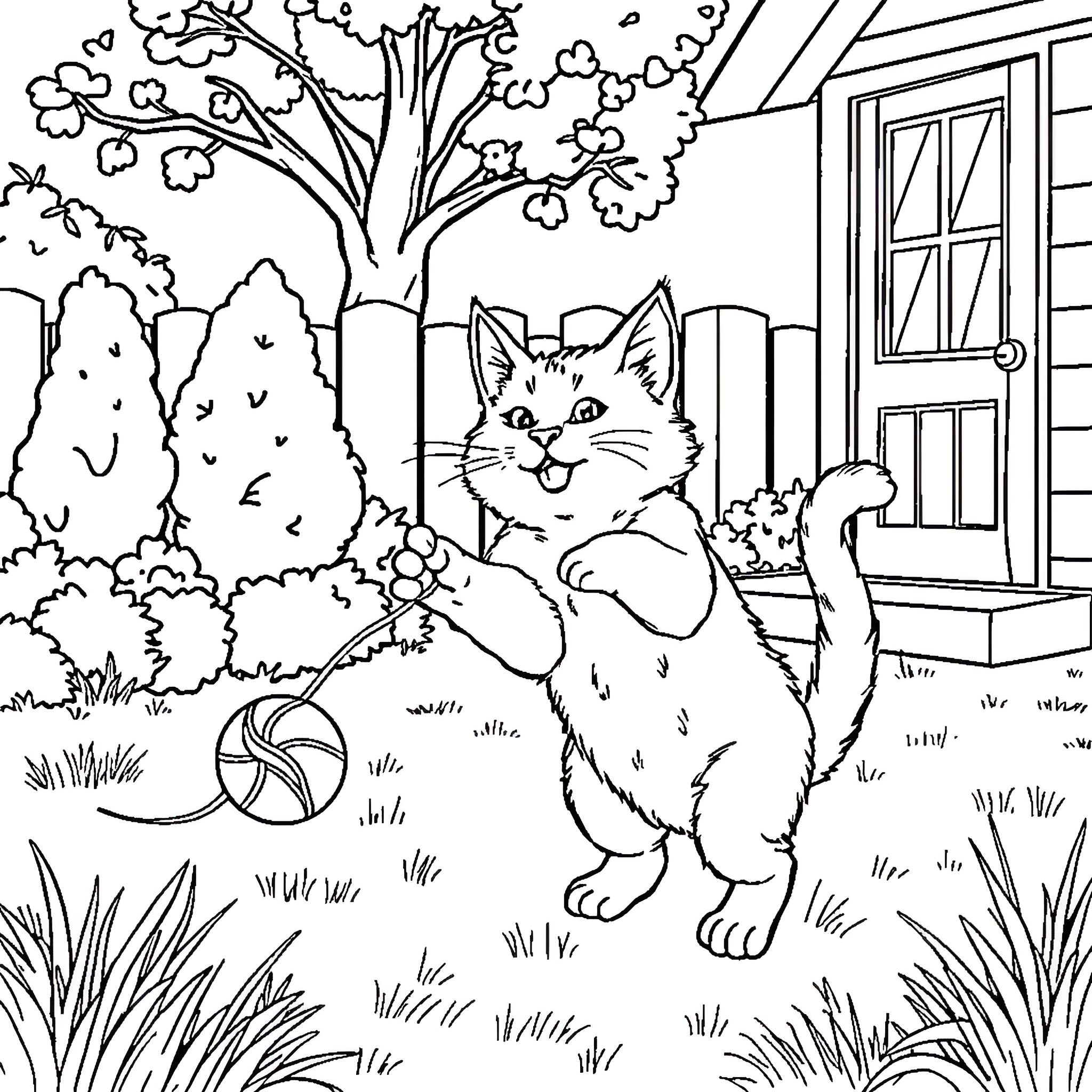 Cat playing happily in the yard Coloring Page (free black-and-white line drawing printable PDF for all, from beginners to advanced learners, including children, teens, adults, and seniors)