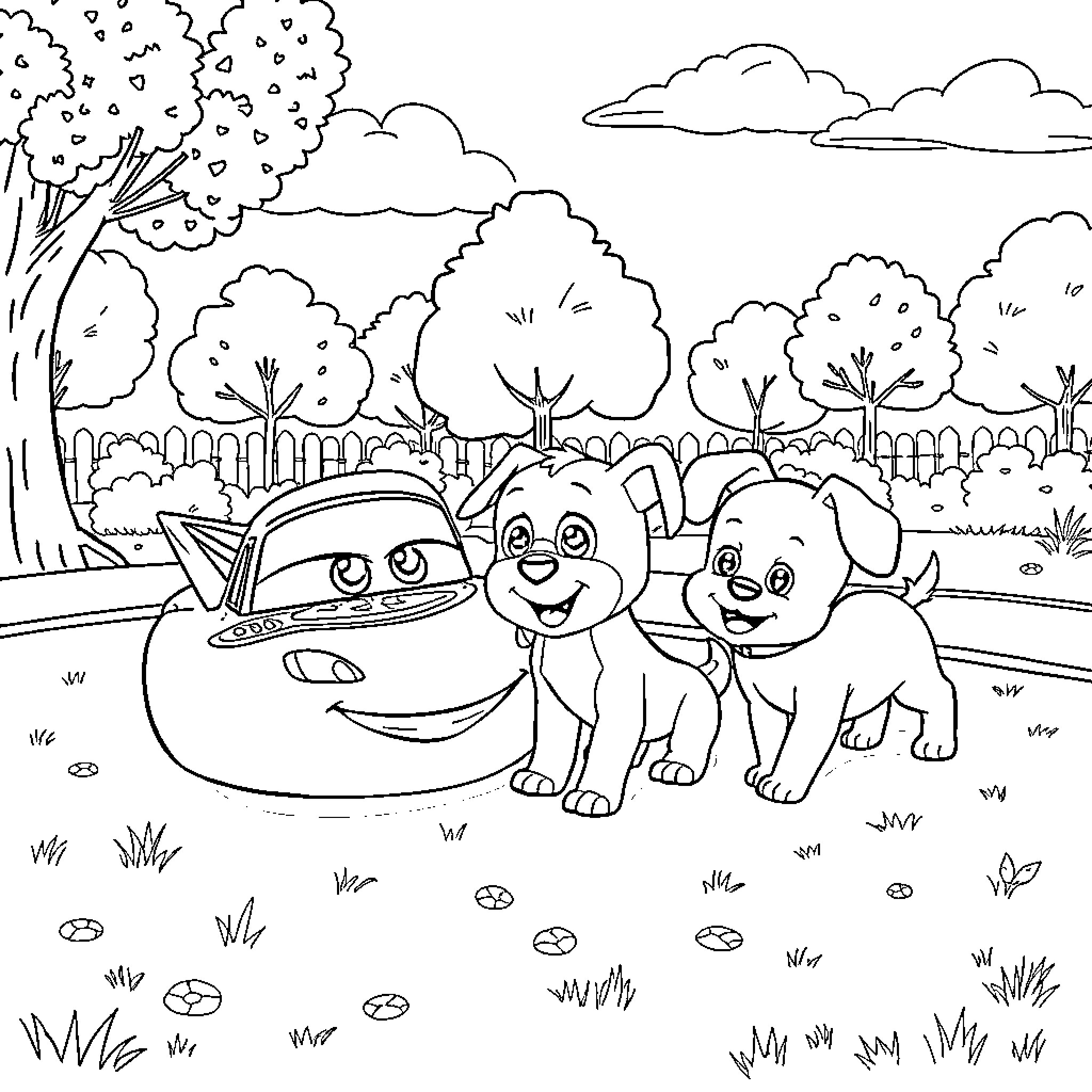 Rayo McQueen and Puppy Friends in Scenic Landscape Coloring Page (free black-and-white line drawing printable PDF for all, from beginners to advanced learners, including children, teens, adults, and seniors)