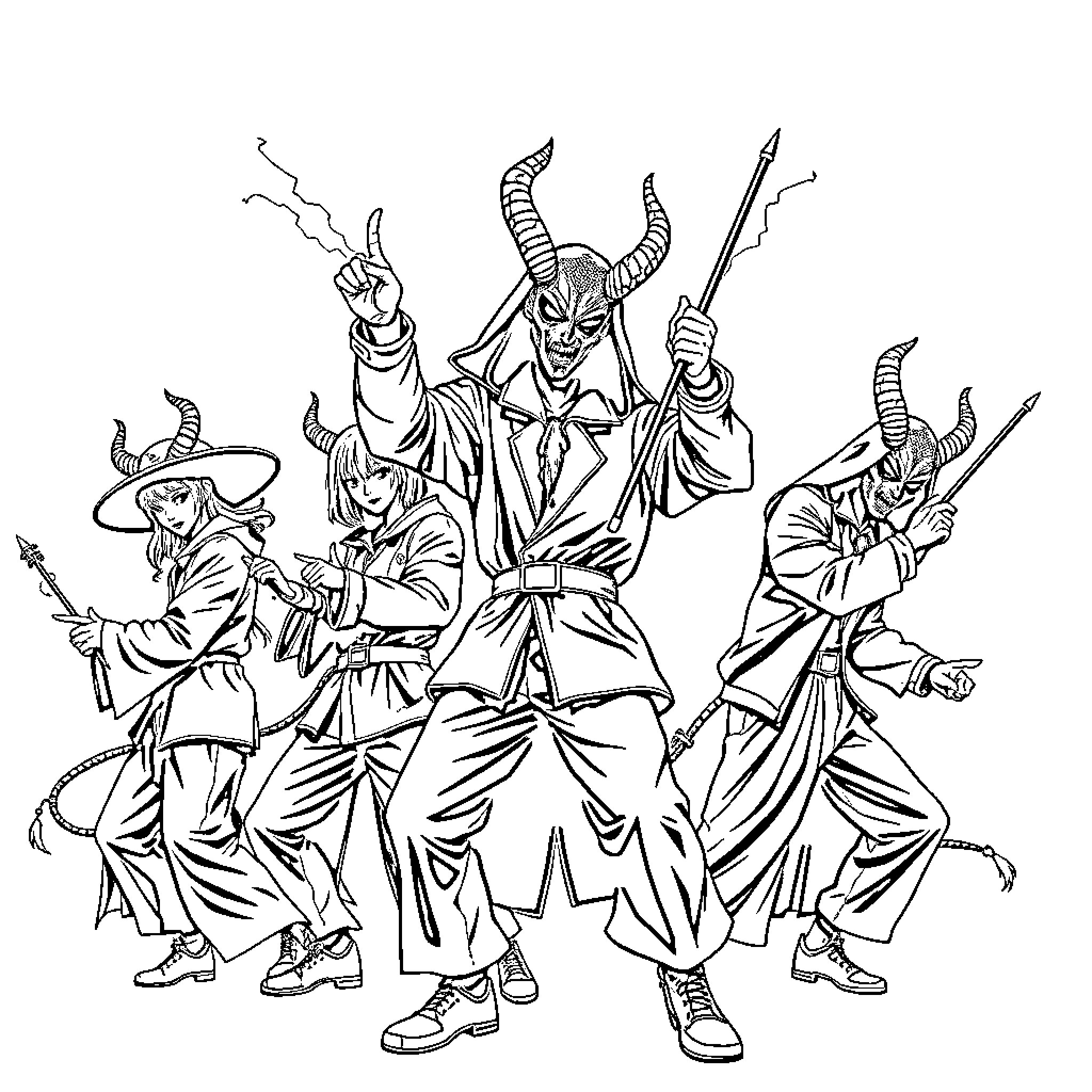Demon Hunters Wielding Weapons in Battle Pose Coloring Page (free black-and-white line drawing printable PDF for all, from beginners to advanced learners, including children, teens, adults, and seniors)