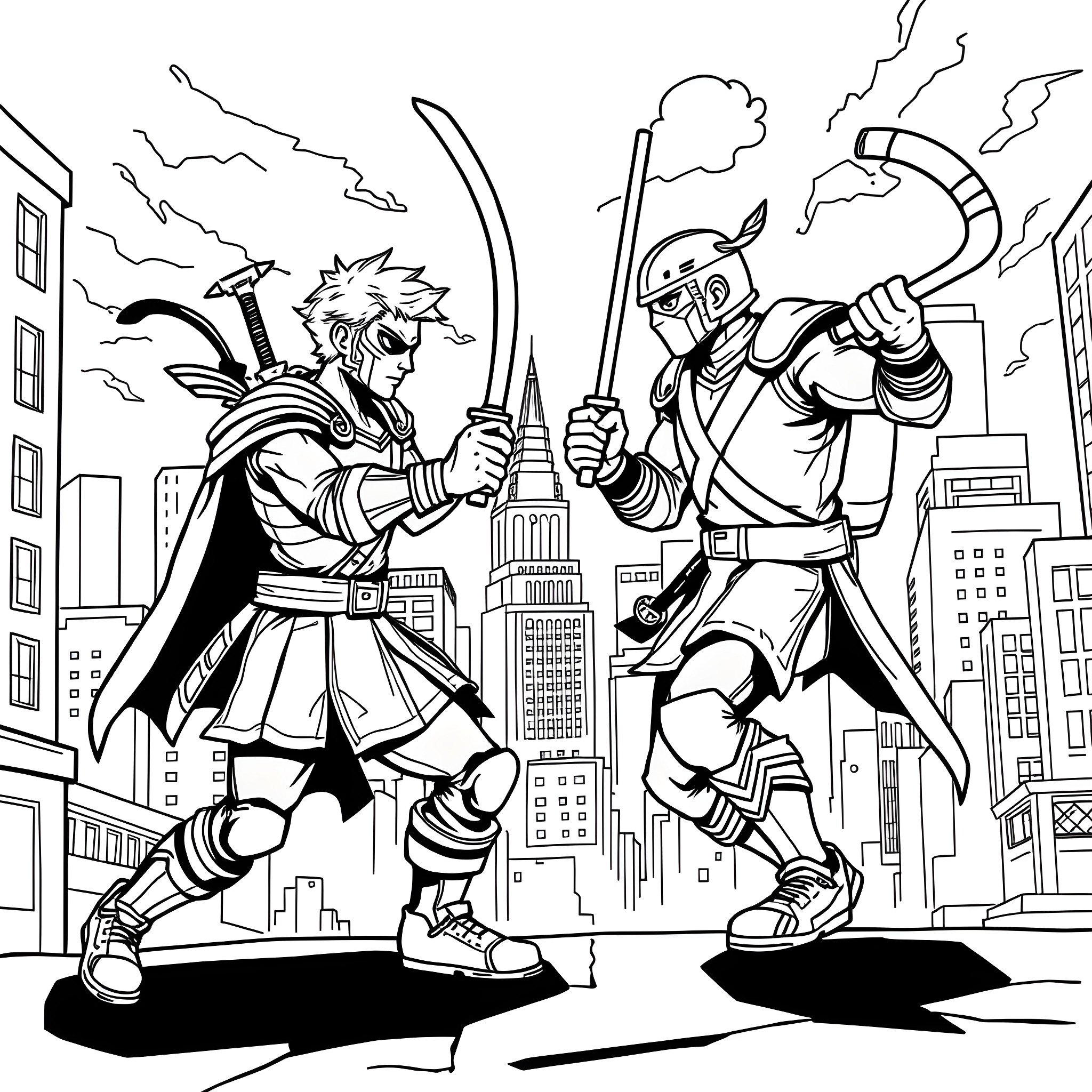 Raphael's Heroic Battle in the City Coloring Page (free black-and-white line drawing printable PDF for all, from beginners to advanced learners, including children, teens, adults, and seniors)