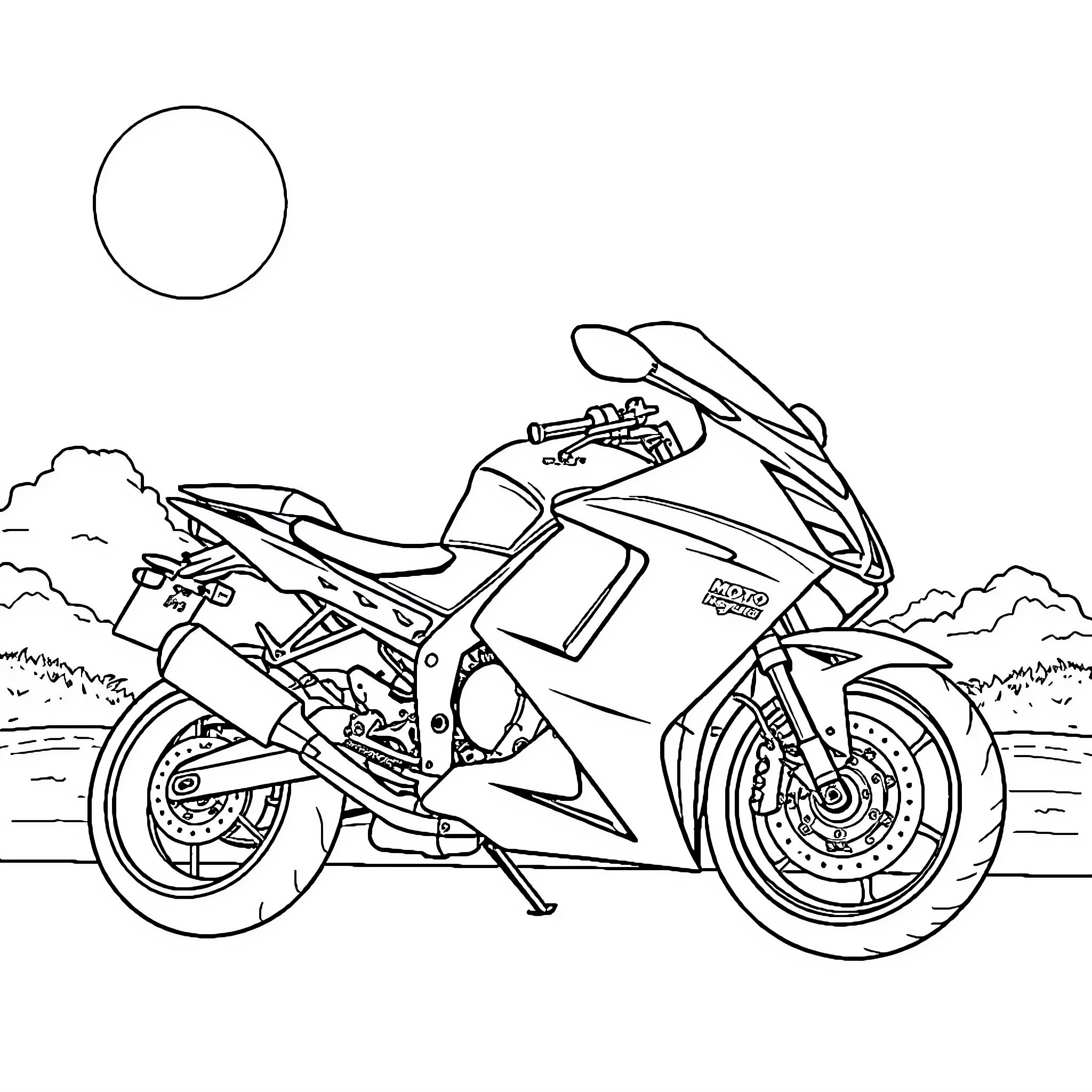 Hayabusa motorcycle speeding through scenic landscape Coloring Page (free black-and-white line drawing printable PDF for all, from beginners to advanced learners, including children, teens, adults, and seniors)