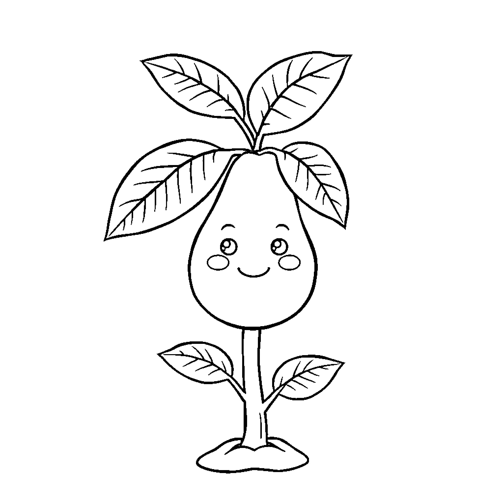 Avocado plant with happy expression Coloring Page (free black-and-white line drawing printable PDF for all, from beginners to advanced learners, including children, teens, adults, and seniors)