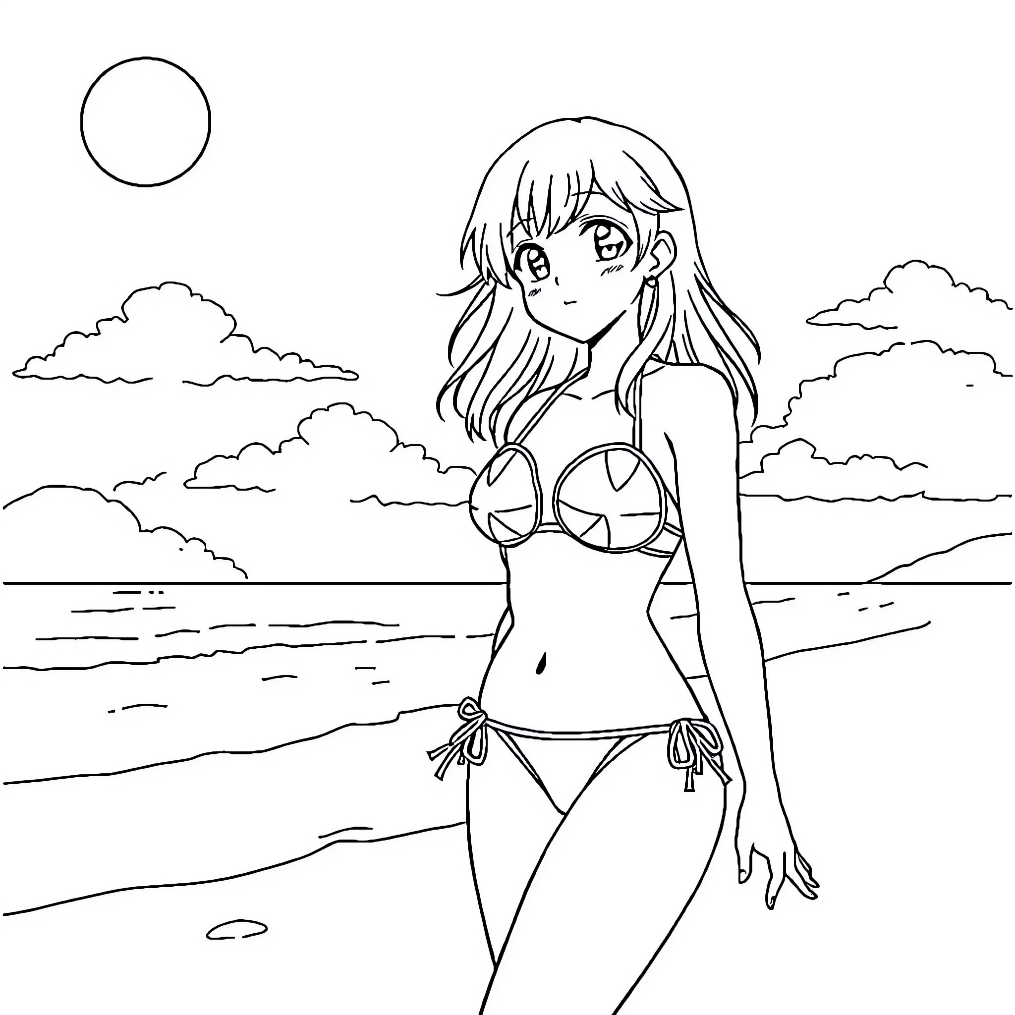 Hinata's Serene Beach Stroll Coloring Page (free black-and-white line drawing printable PDF for all, from beginners to advanced learners, including children, teens, adults, and seniors)