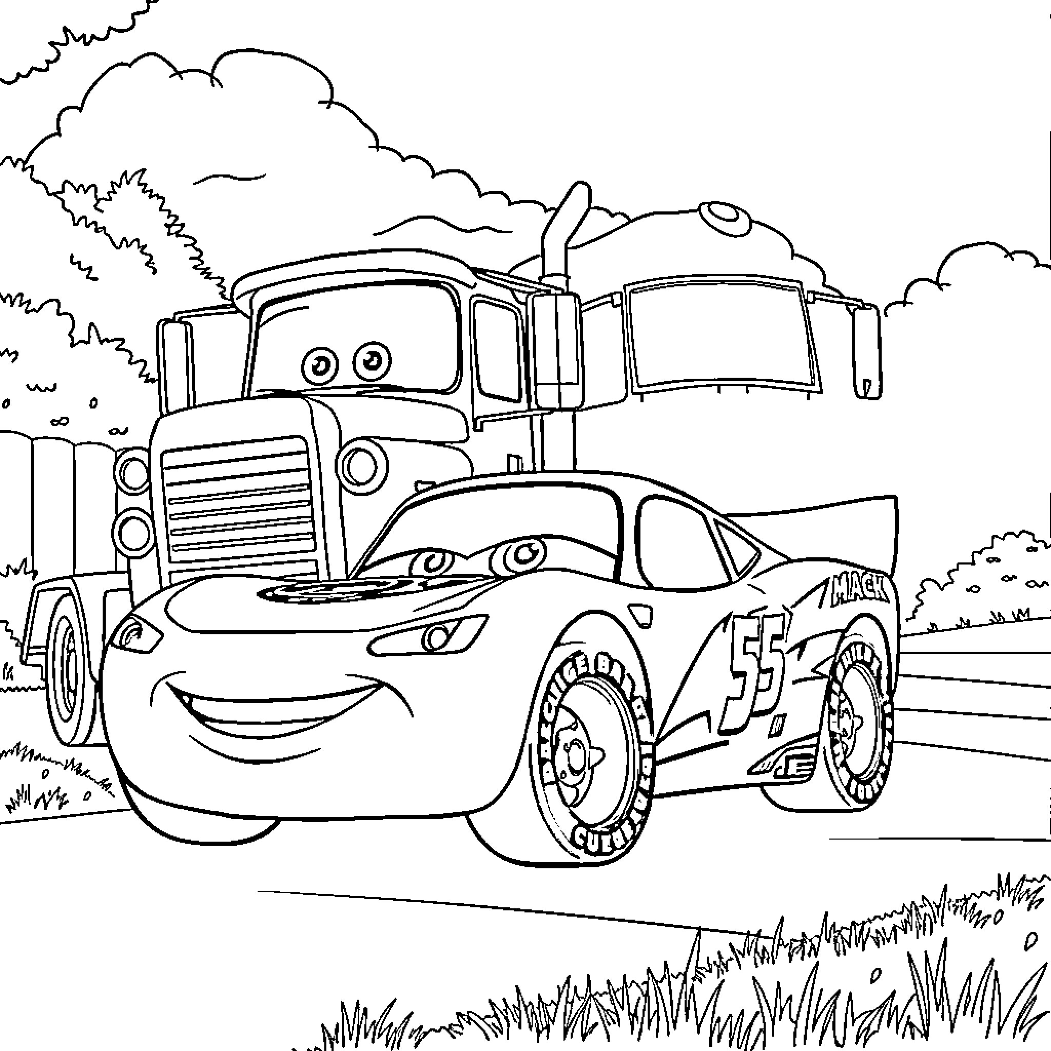 Lightening McQueen and Mack Truck in the Countryside Coloring Page (free black-and-white line drawing printable PDF for all, from beginners to advanced learners, including children, teens, adults, and seniors)