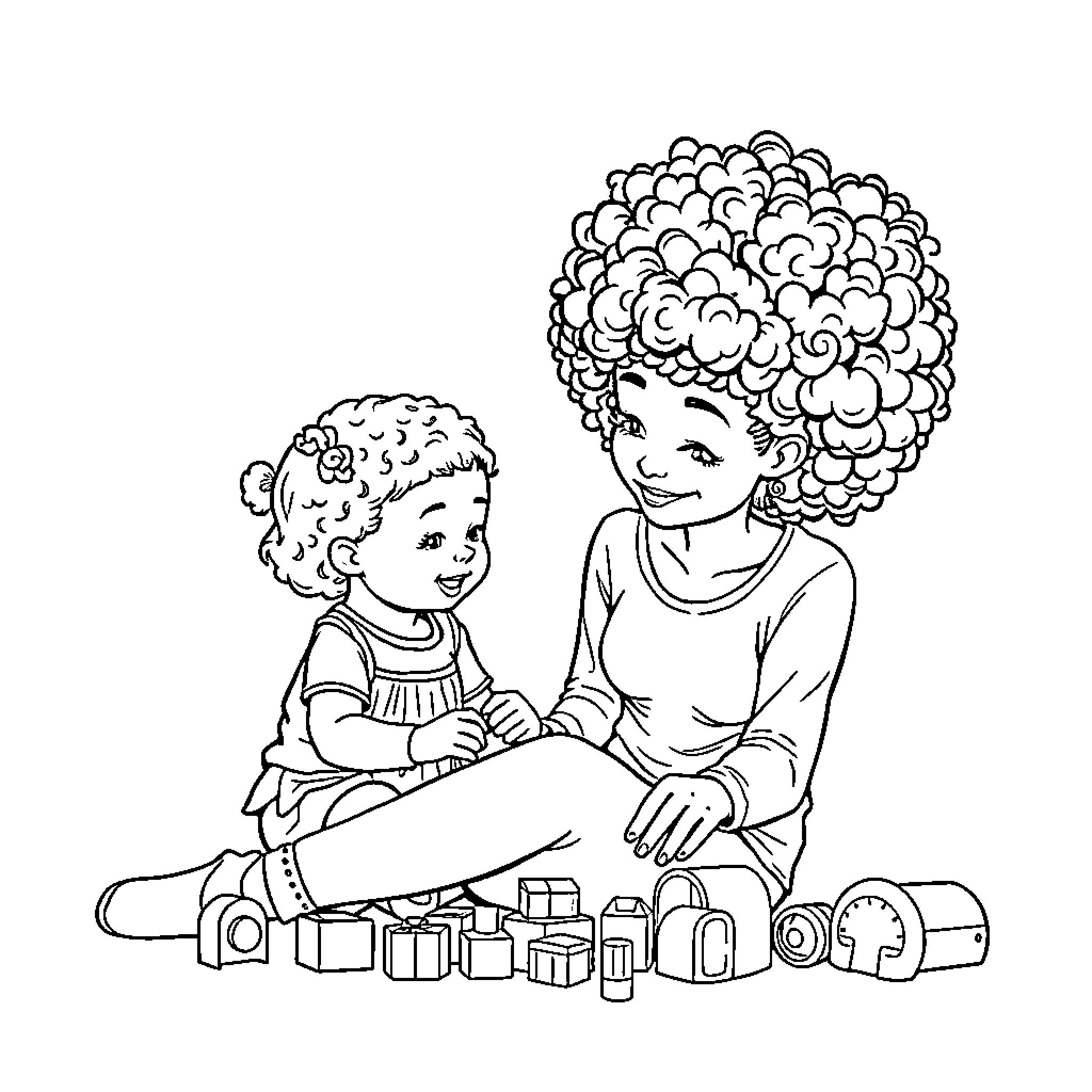 Mom and child playing with toys together Coloring Page (free black-and-white line drawing printable PDF for all, from beginners to advanced learners, including children, teens, adults, and seniors)