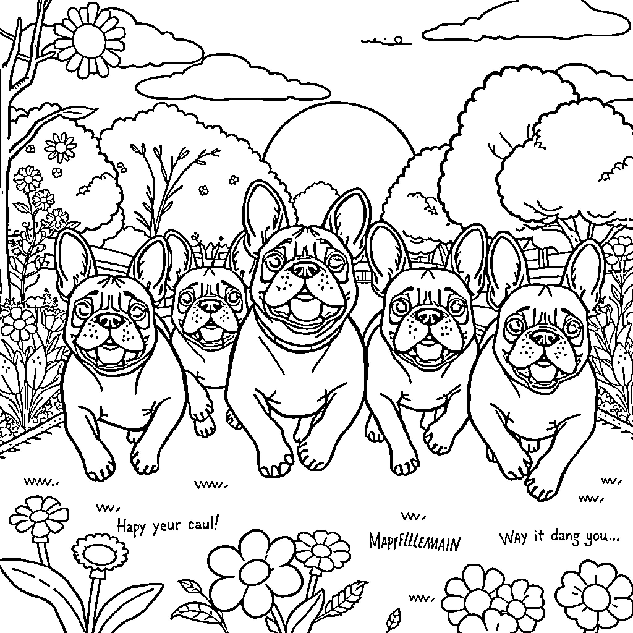 Frenchie dogs playing cheerfully in a garden Coloring Page (free black-and-white line drawing printable PDF for all, from beginners to advanced learners, including children, teens, adults, and seniors)