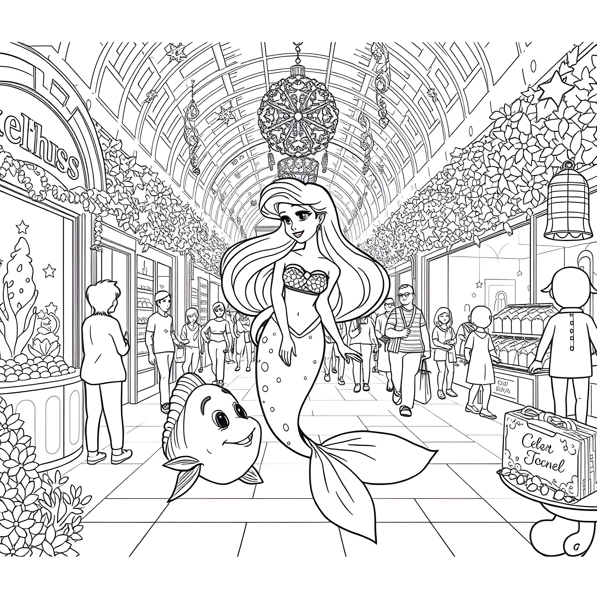 Mermaid exploring a bustling underwater marketplace Coloring Page (free black-and-white line drawing printable PDF for all, from beginners to advanced learners, including children, teens, adults, and seniors)
