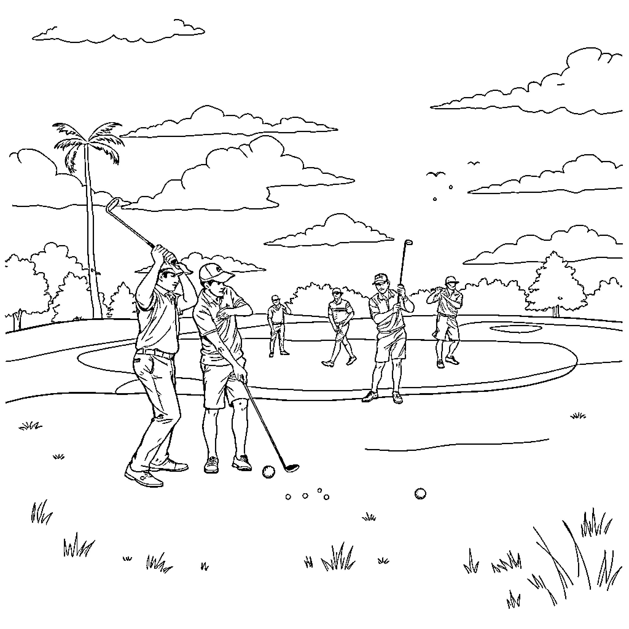 Guy plays golf with friends on a sunny day Coloring Page (free black-and-white line drawing printable PDF for all, from beginners to advanced learners, including children, teens, adults, and seniors)