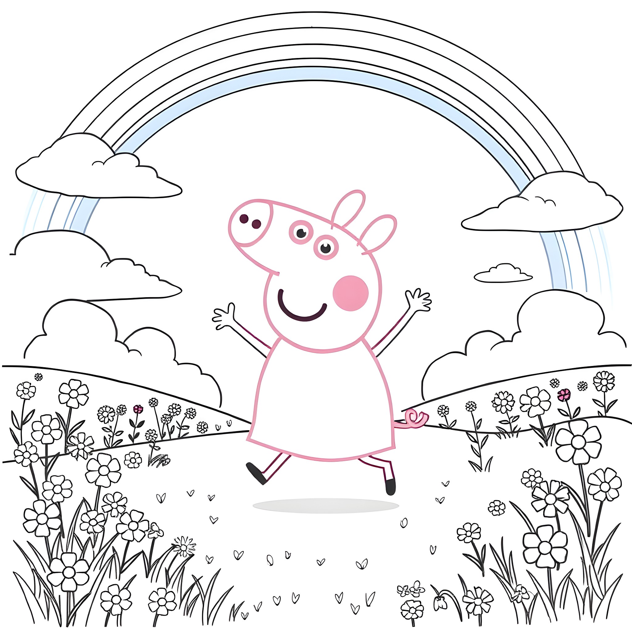 Peppa Pig jumping joyfully in a flowery meadow Coloring Page (free black-and-white line drawing printable PDF for all, from beginners to advanced learners, including children, teens, adults, and seniors)