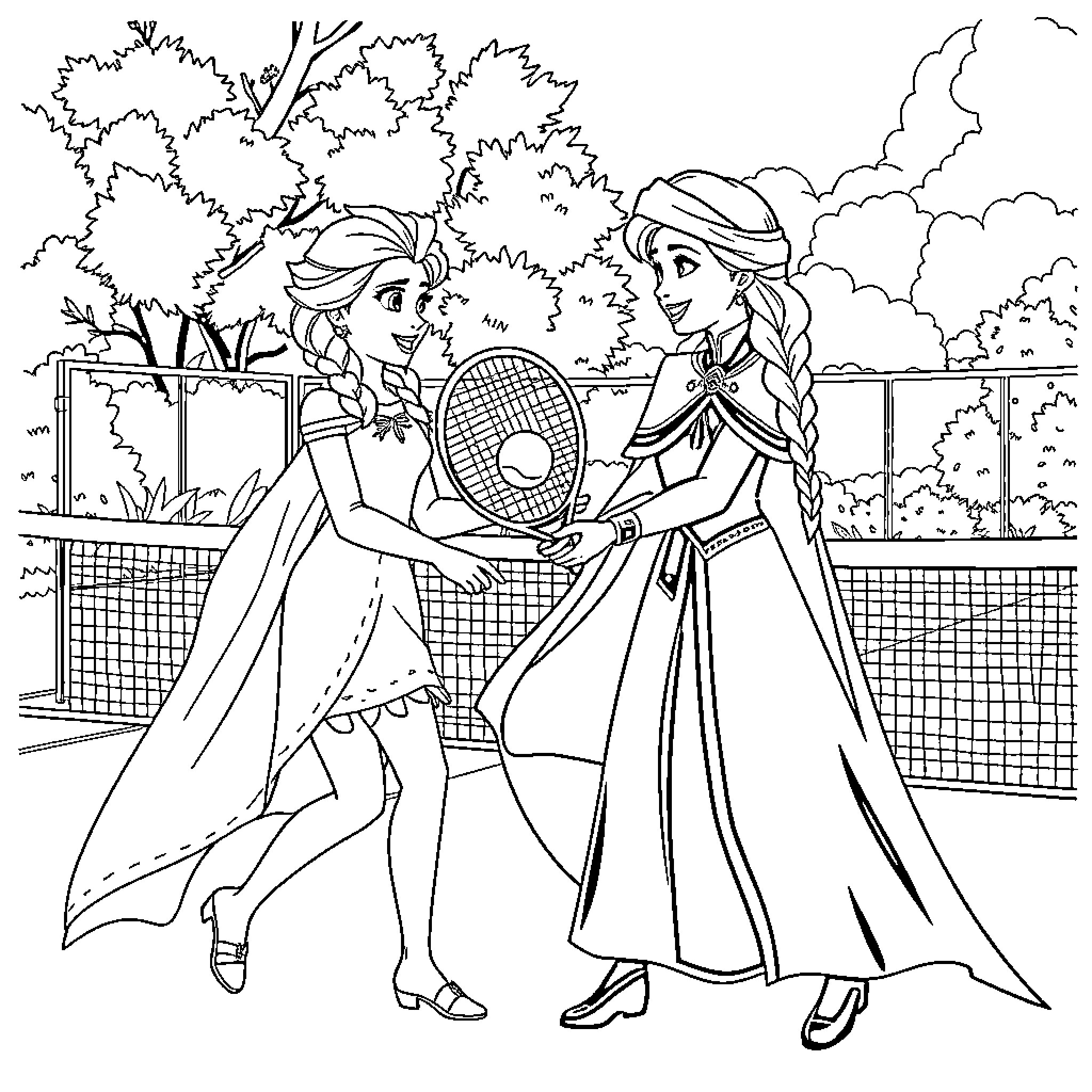 Elsa and Anna playing tennis outdoors Coloring Page (free black-and-white line drawing printable PDF for all, from beginners to advanced learners, including children, teens, adults, and seniors)