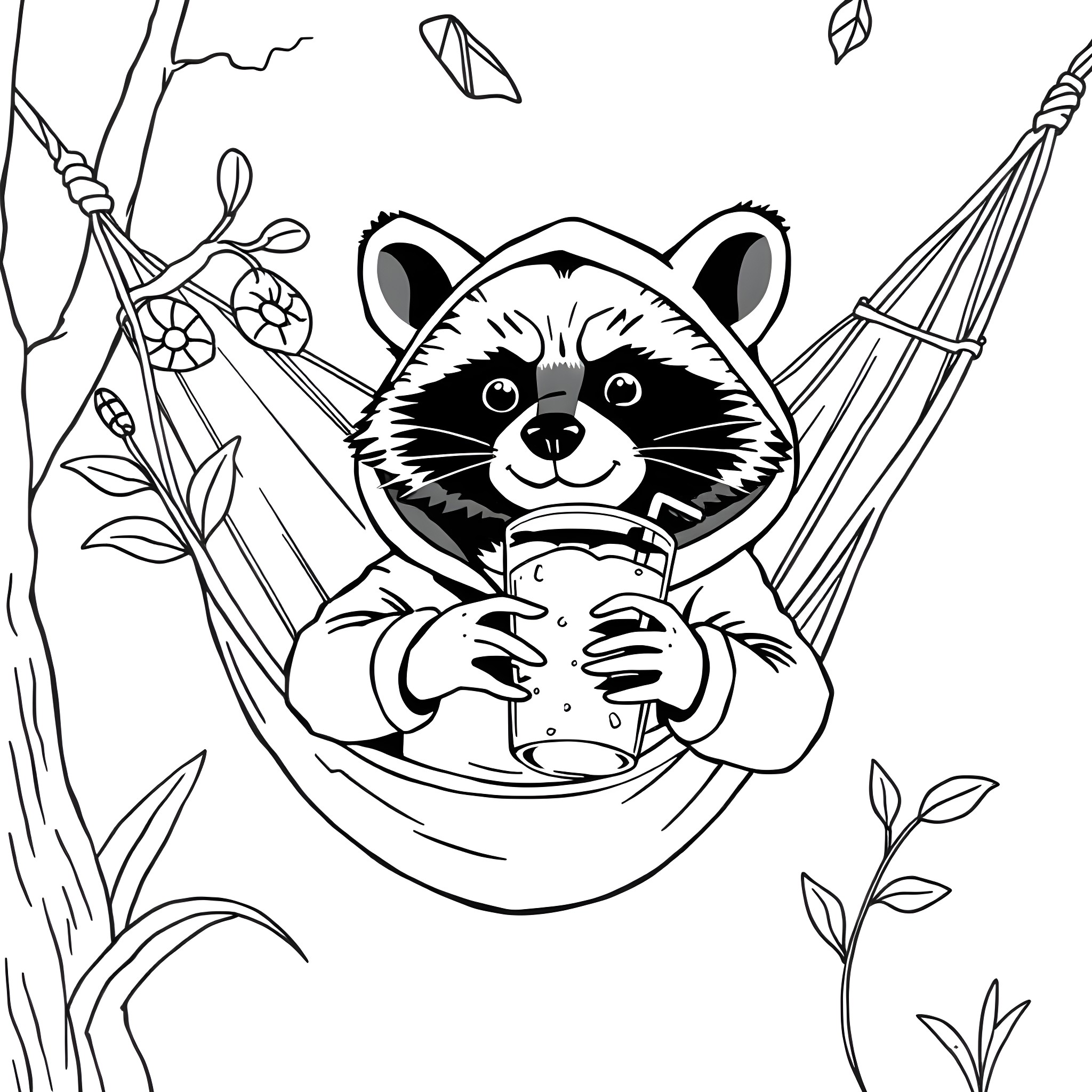 Raccoon relaxing in a hammock with nature elements Coloring Page (free black-and-white line drawing printable PDF for all, from beginners to advanced learners, including children, teens, adults, and seniors)