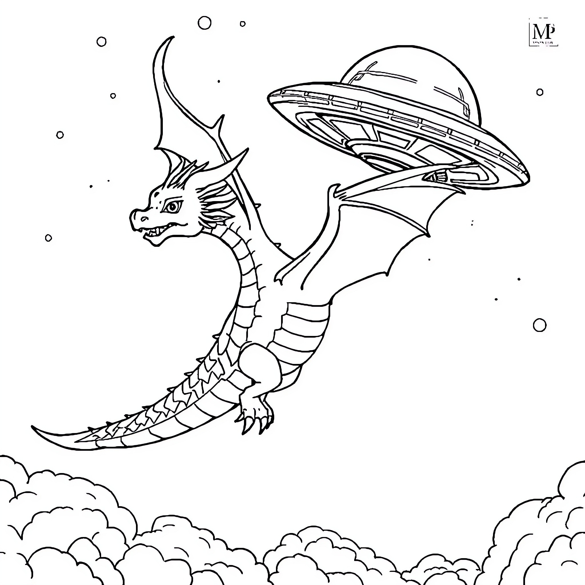 Dragon soaring through the cosmos with a futuristic spacecraft Coloring Page (free black-and-white line drawing printable PDF for all, from beginners to advanced learners, including children, teens, adults, and seniors)