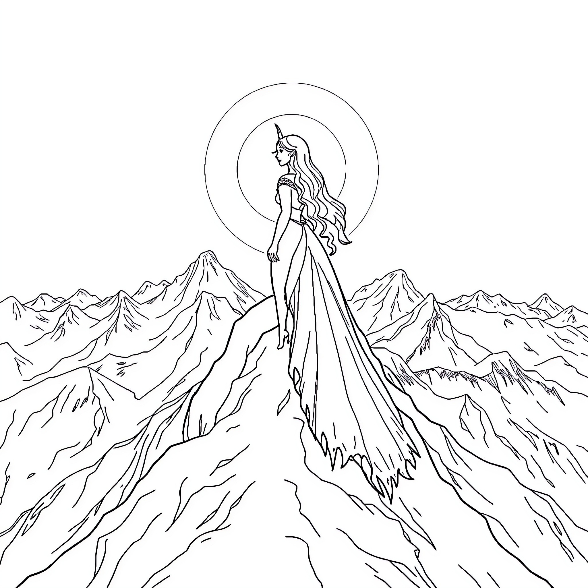 Queen Amidst the Majestic Mountains Coloring Page (free black-and-white line drawing printable PDF for all, from beginners to advanced learners, including children, teens, adults, and seniors)