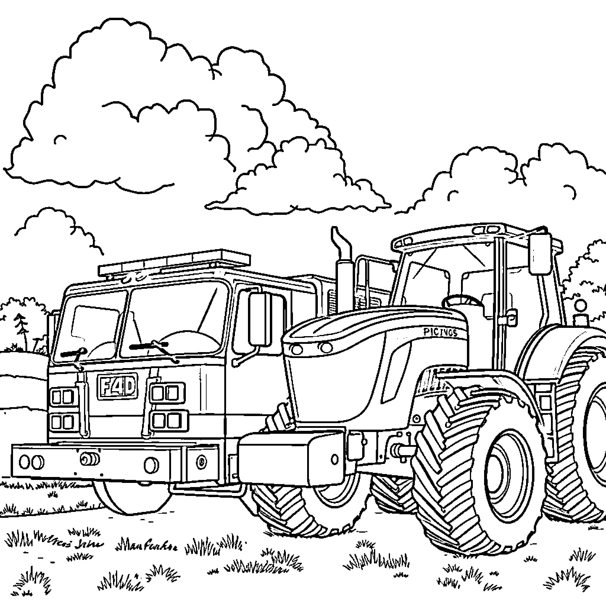 Tractor hauling agricultural machinery through rural landscape Coloring Page (free black-and-white line drawing printable PDF for all, from beginners to advanced learners, including children, teens, adults, and seniors)