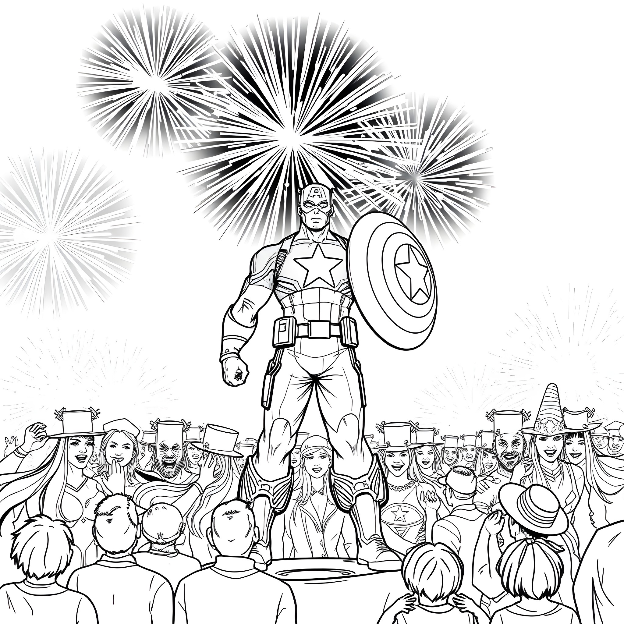 Captain America leading a crowd amidst fireworks display Coloring Page (free black-and-white line drawing printable PDF for all, from beginners to advanced learners, including children, teens, adults, and seniors)