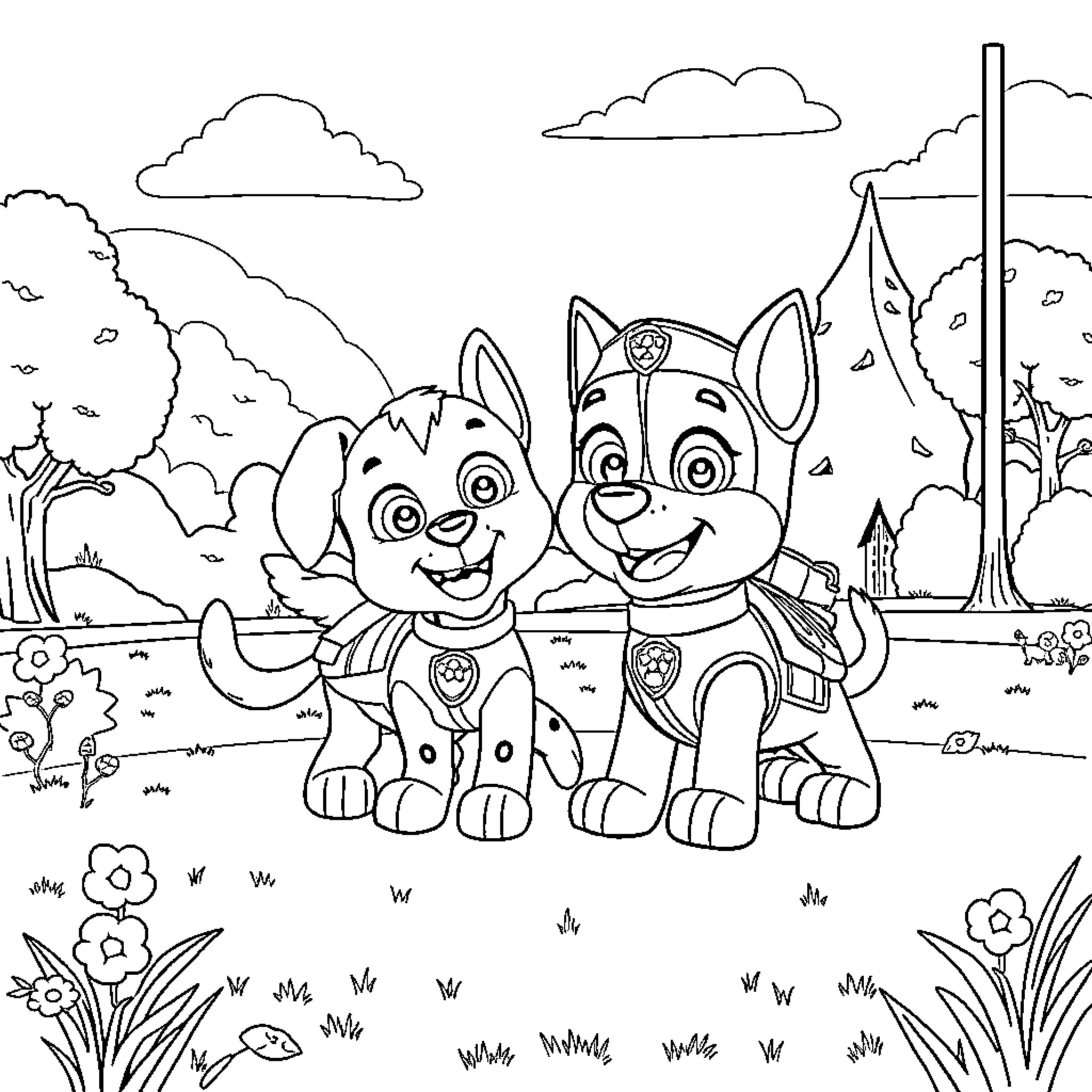 Paw Patrol pups playing in the park Coloring Page (free black-and-white line drawing printable PDF for all, from beginners to advanced learners, including children, teens, adults, and seniors)