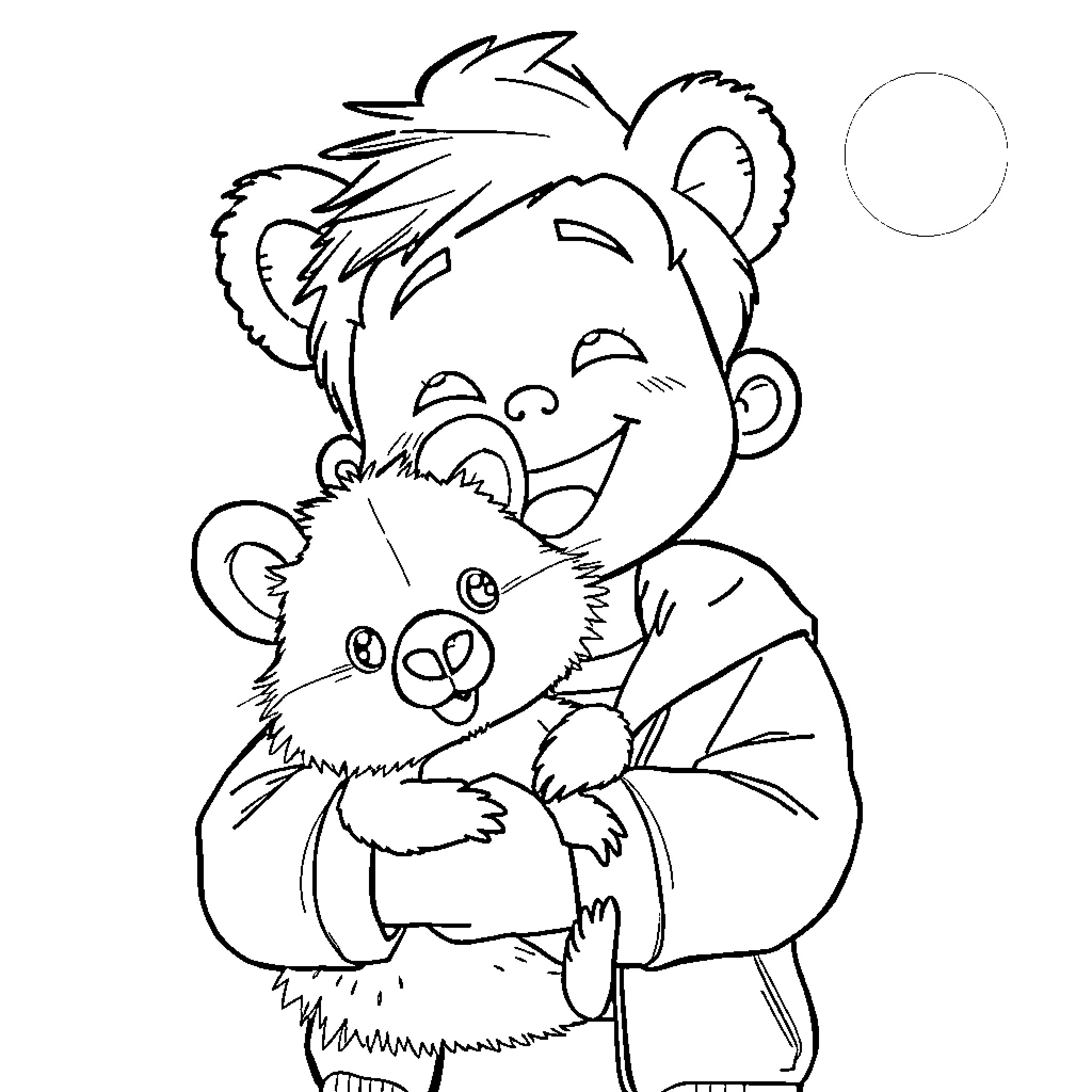 Han hugging a fluffy bear with joy Coloring Page (free black-and-white line drawing printable PDF for all, from beginners to advanced learners, including children, teens, adults, and seniors)