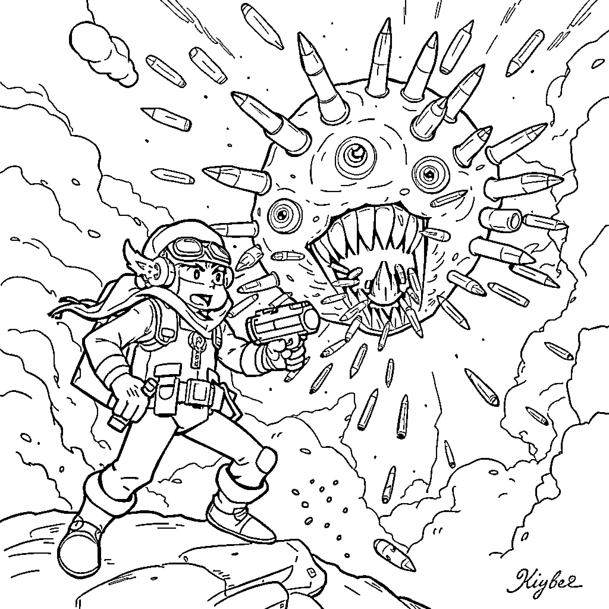 Pilot facing a monstrous alien threat in space Coloring Page (free black-and-white line drawing printable PDF for all, from beginners to advanced learners, including children, teens, adults, and seniors)