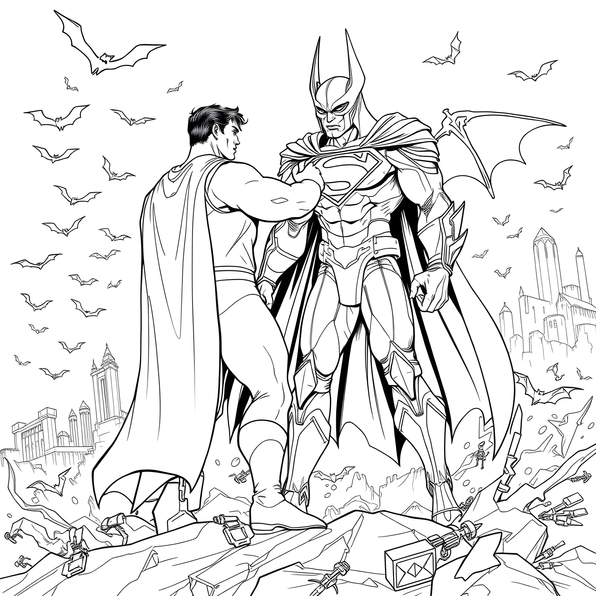 Superman and Batman heroes confronting villains in city Coloring Page (free black-and-white line drawing printable PDF for all, from beginners to advanced learners, including children, teens, adults, and seniors)