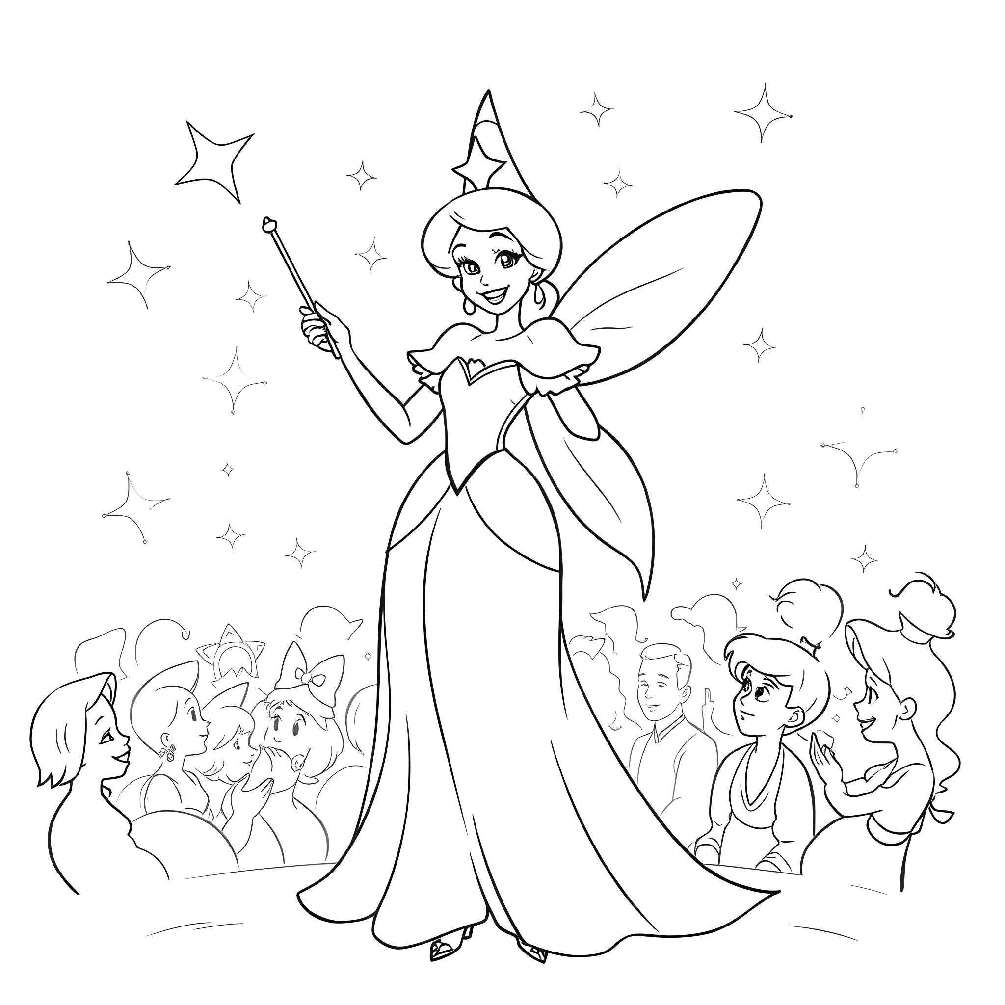 Fairy Godmother waving her wand and helping children Coloring Page (free black-and-white line drawing printable PDF for all, from beginners to advanced learners, including children, teens, adults, and seniors)