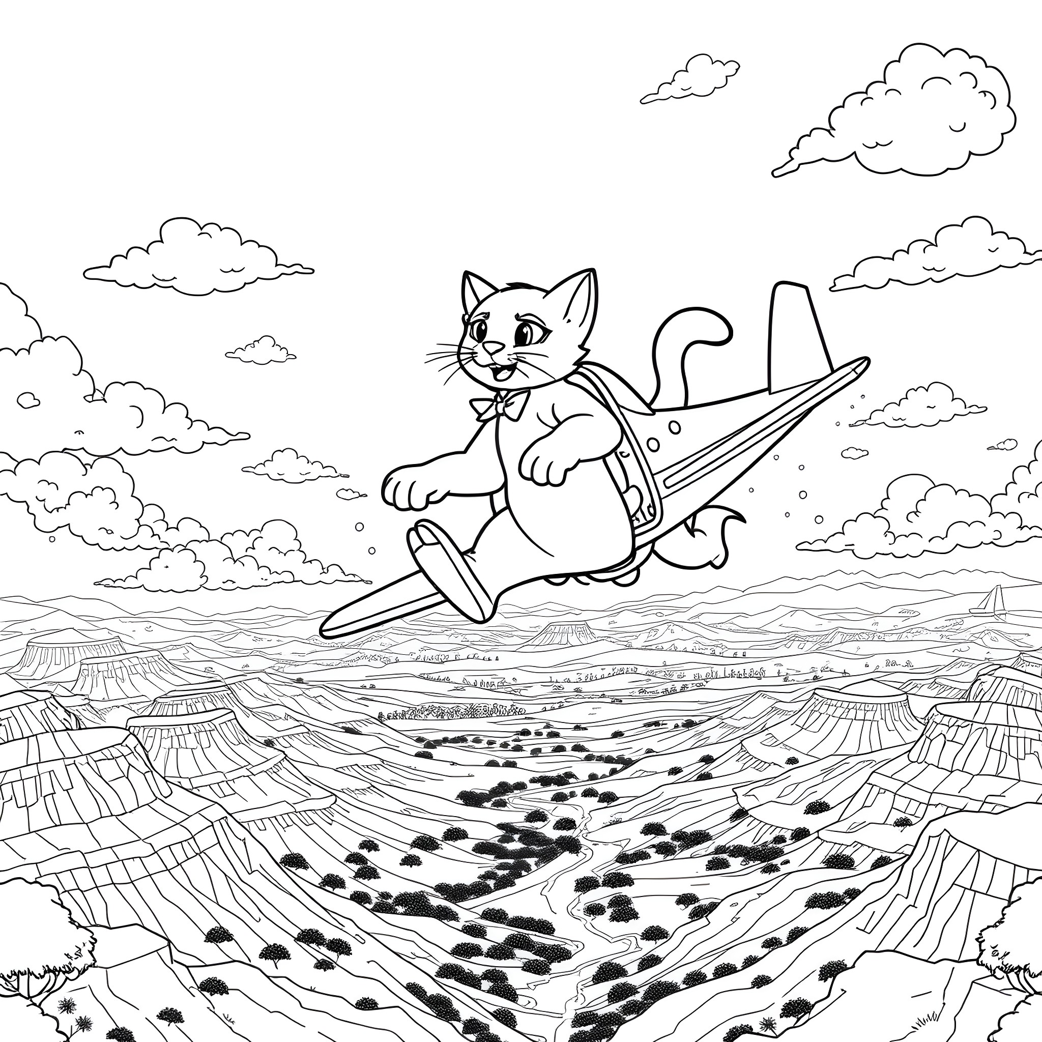 Cougar pilot flying a plane over rocky terrain Coloring Page (free black-and-white line drawing printable PDF for all, from beginners to advanced learners, including children, teens, adults, and seniors)