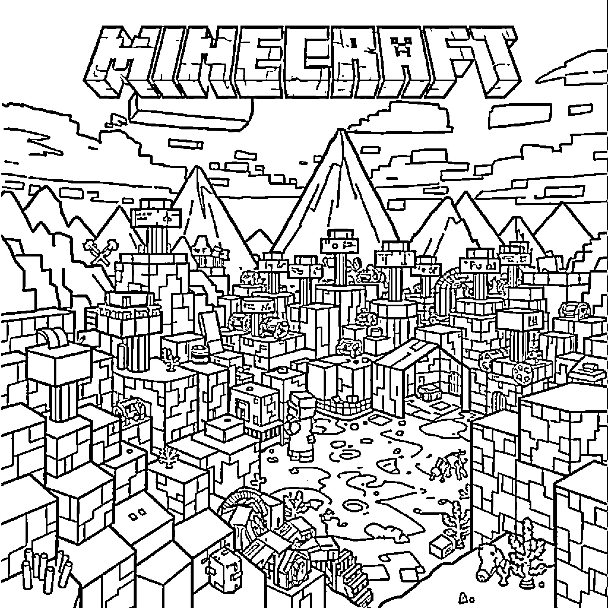 Minecraft City with Diverse Structures and Landscapes Coloring Page (free black-and-white line drawing printable PDF for all, from beginners to advanced learners, including children, teens, adults, and seniors)
