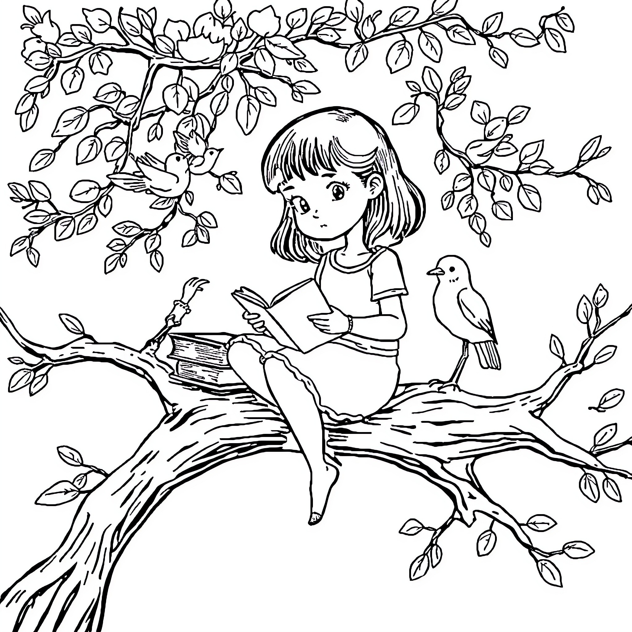 Girl reading book with bird on tree branch Coloring Page (free black-and-white line drawing printable PDF for all, from beginners to advanced learners, including children, teens, adults, and seniors)