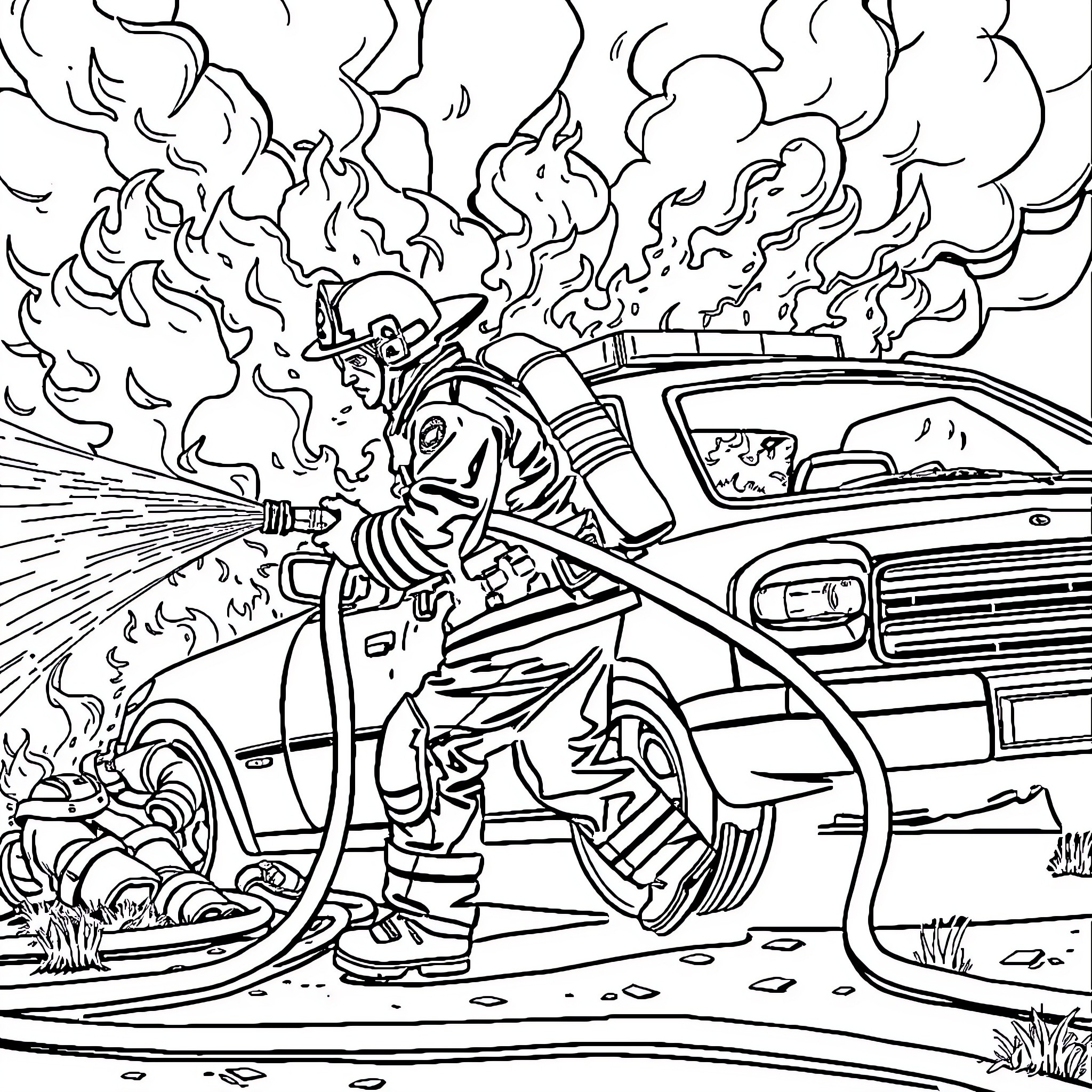 Firefighter battling a blazing vehicle emergency Coloring Page (free black-and-white line drawing printable PDF for all, from beginners to advanced learners, including children, teens, adults, and seniors)
