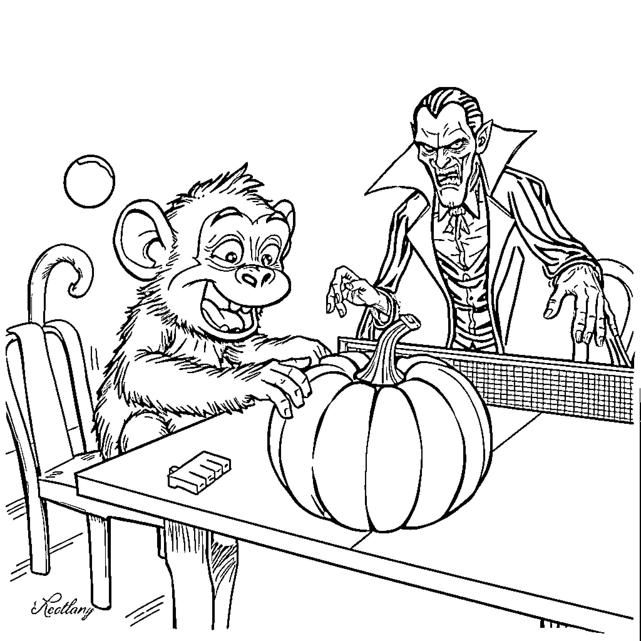 Monkey and Vampire Pumpkin Carving Coloring Page (free black-and-white line drawing printable PDF for all, from beginners to advanced learners, including children, teens, adults, and seniors)