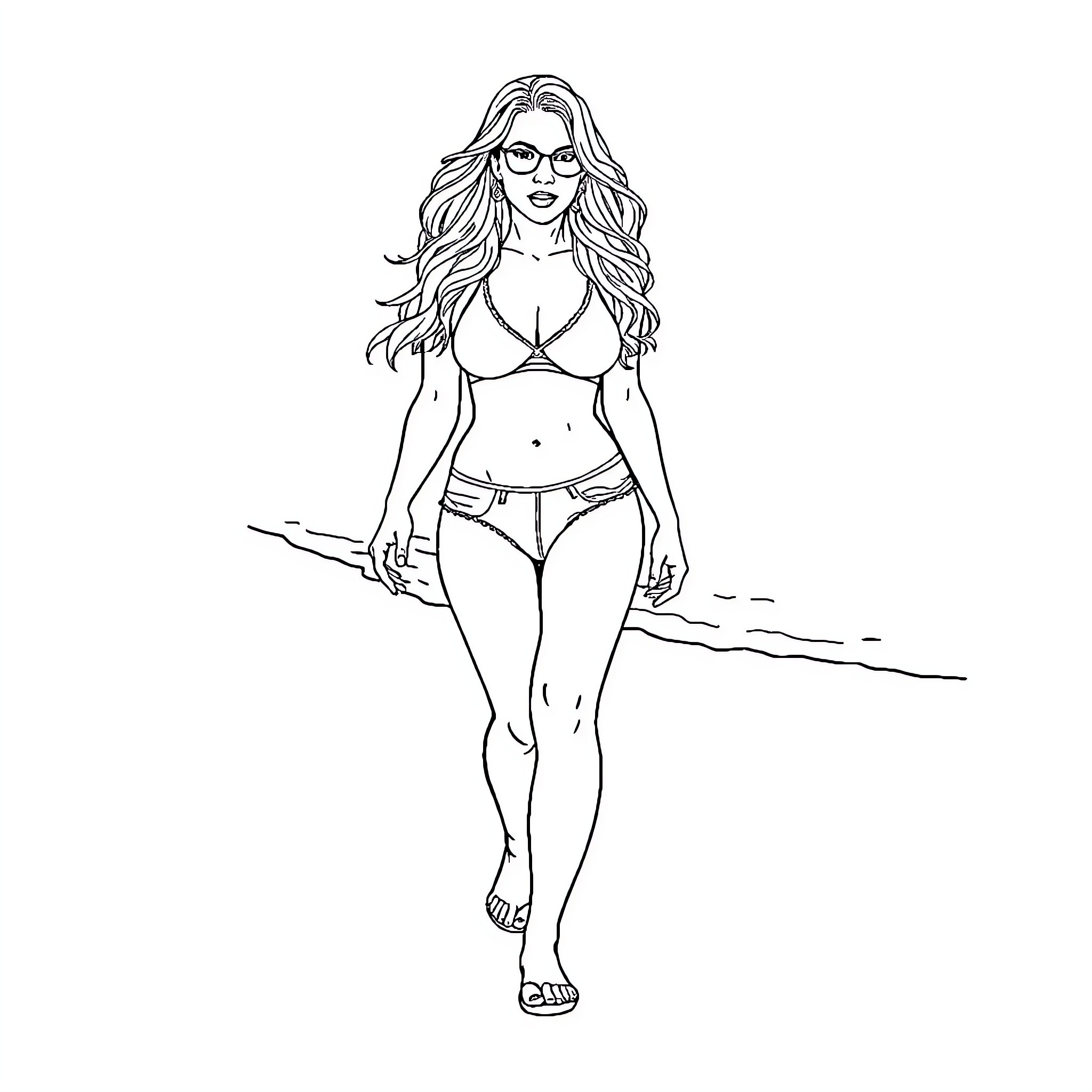 Britney Spears walking confidently on the beach Coloring Page (free black-and-white line drawing printable PDF for all, from beginners to advanced learners, including children, teens, adults, and seniors)