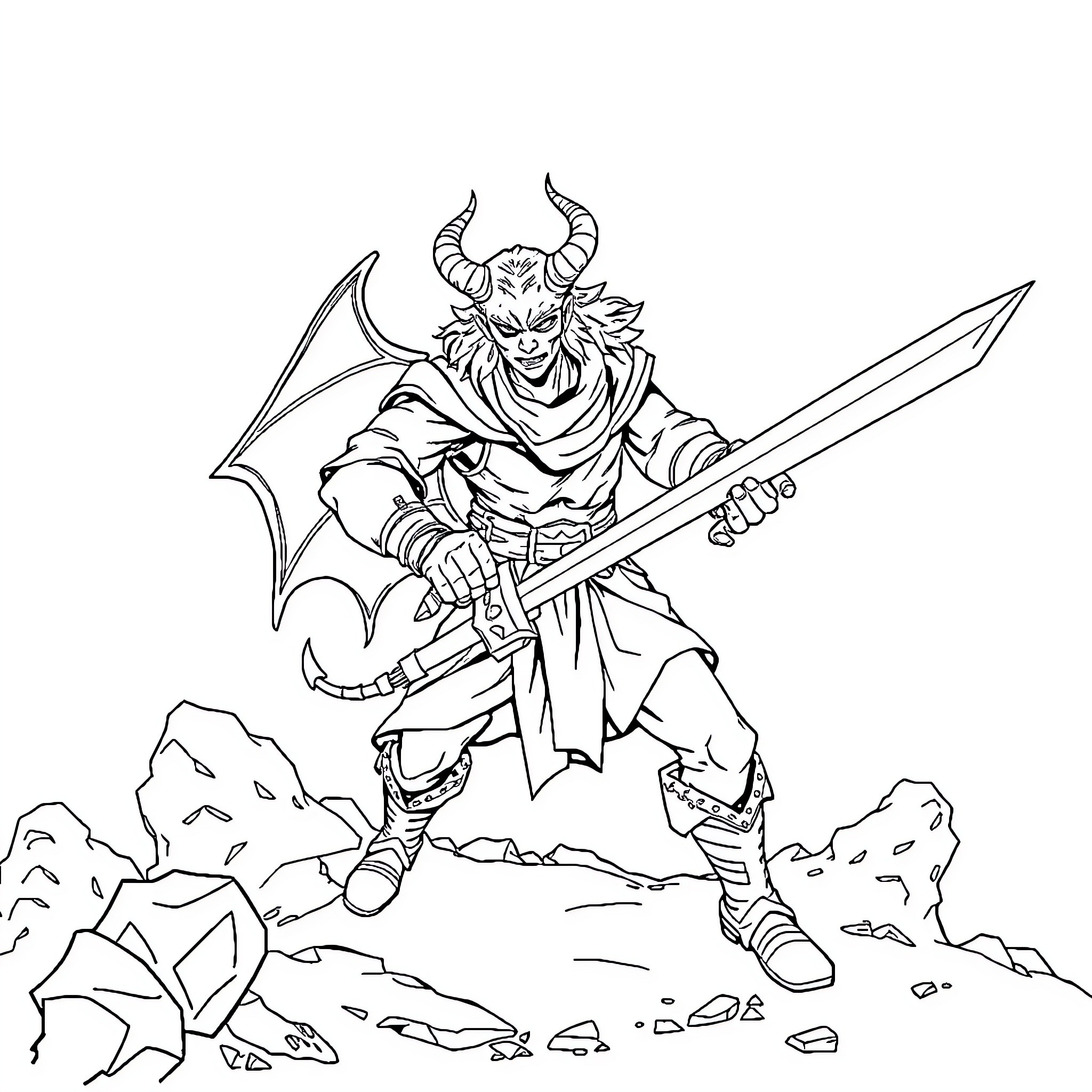 Demon Slayer Warrior Wielding Mighty Sword in Battle Coloring Page (free black-and-white line drawing printable PDF for all, from beginners to advanced learners, including children, teens, adults, and seniors)