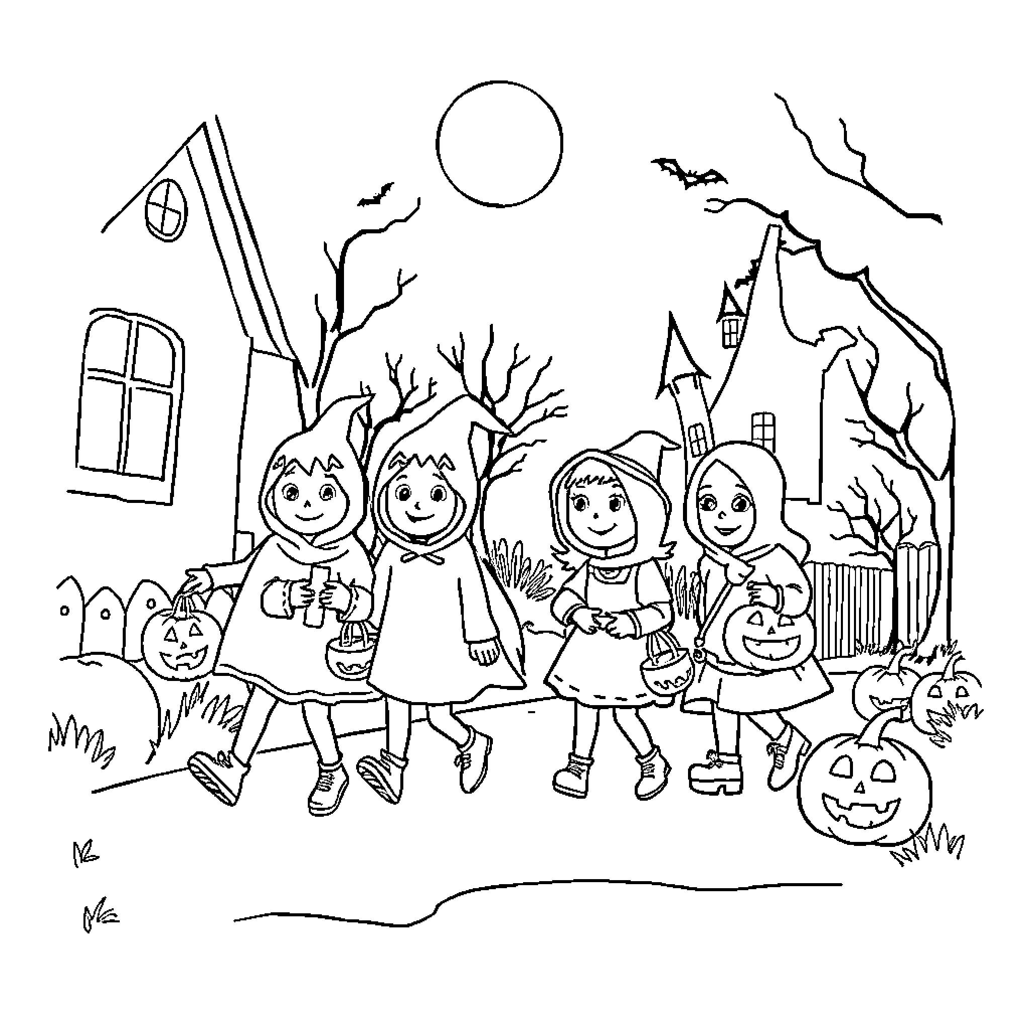 Halloween trick-or-treating children in costumes Coloring Page (free black-and-white line drawing printable PDF for all, from beginners to advanced learners, including children, teens, adults, and seniors)