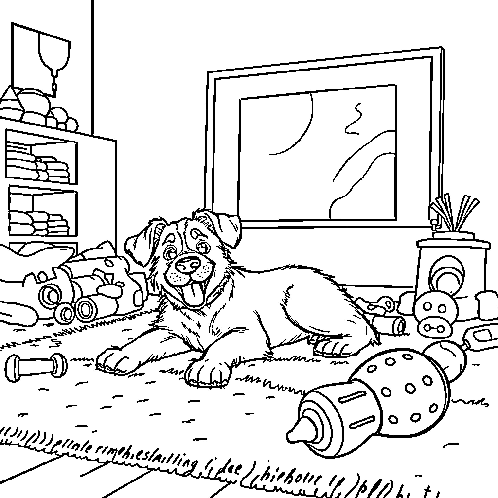 Dog relaxing with toys in the room Coloring Page (free black-and-white line drawing printable PDF for all, from beginners to advanced learners, including children, teens, adults, and seniors)