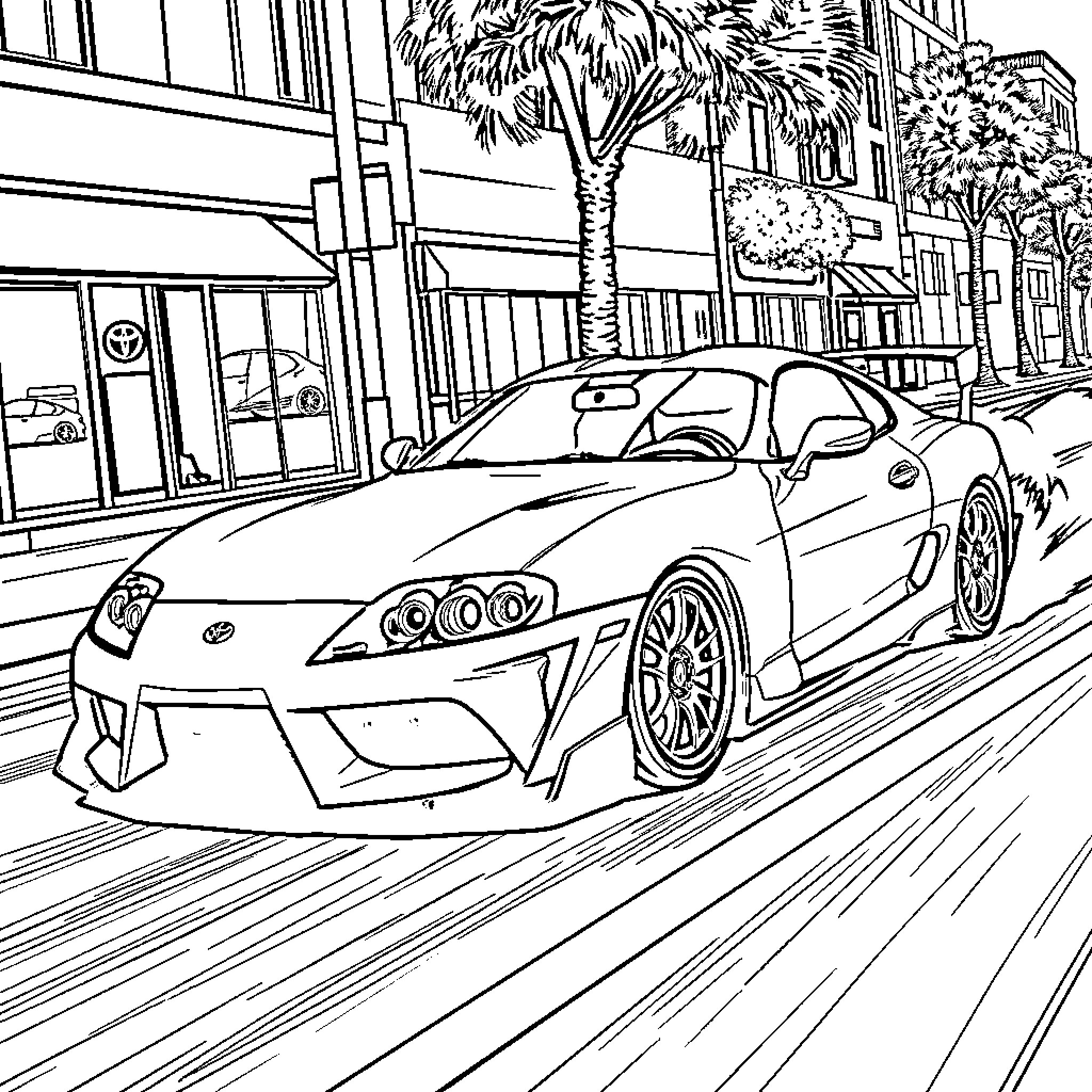 Toyota Supra speeding through urban cityscape Coloring Page (free black-and-white line drawing printable PDF for all, from beginners to advanced learners, including children, teens, adults, and seniors)