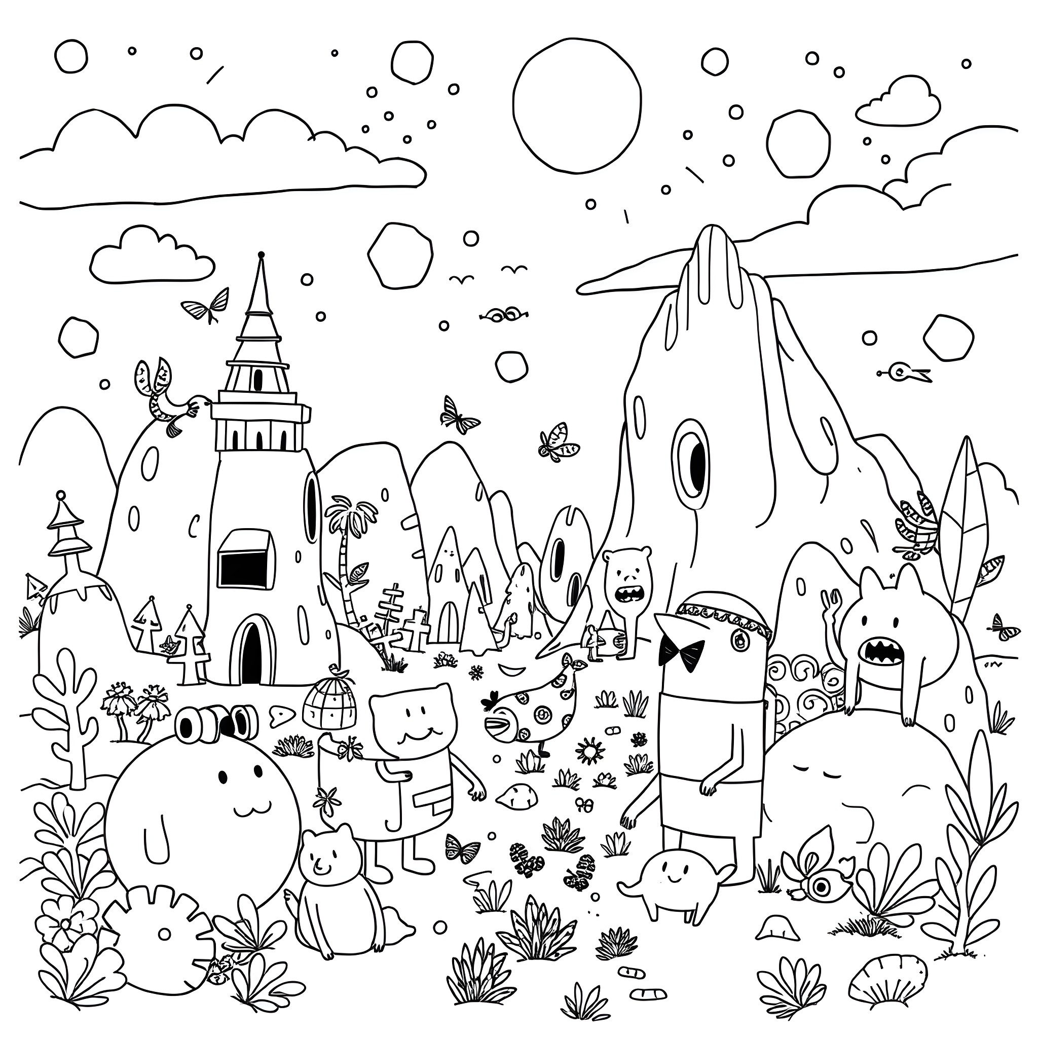 Weezer's Whimsical World: Monsters, Mushrooms, and More Coloring Page (free black-and-white line drawing printable PDF for all, from beginners to advanced learners, including children, teens, adults, and seniors)