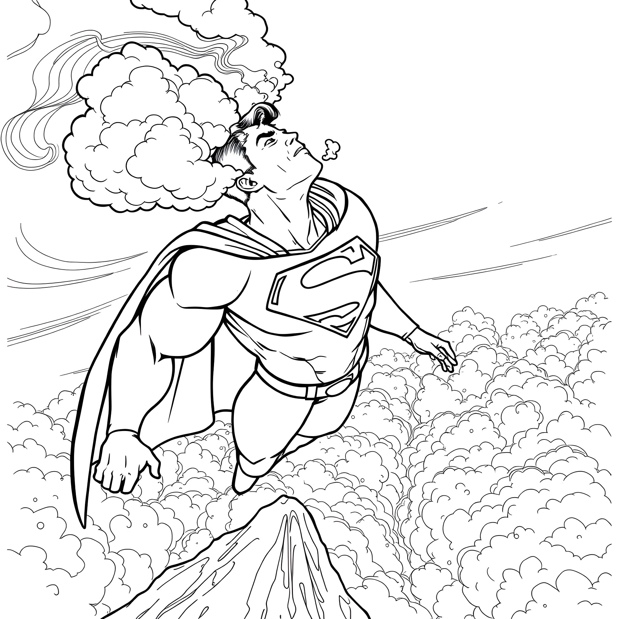 Superman Soaring Through Clouds and Wind Coloring Page (free black-and-white line drawing printable PDF for all, from beginners to advanced learners, including children, teens, adults, and seniors)