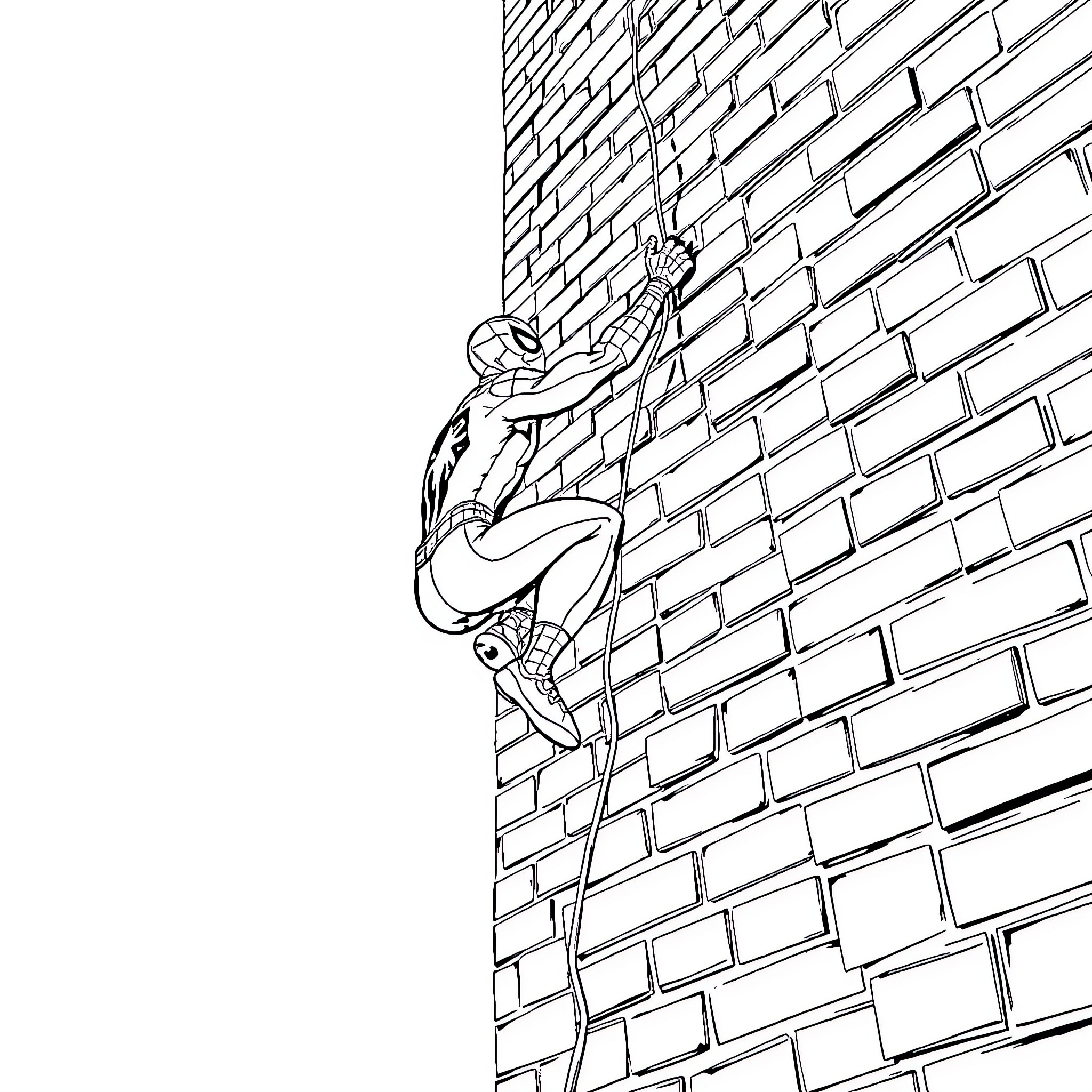 Spiderman climbing up the brick wall Coloring Page (free black-and-white line drawing printable PDF for all, from beginners to advanced learners, including children, teens, adults, and seniors)