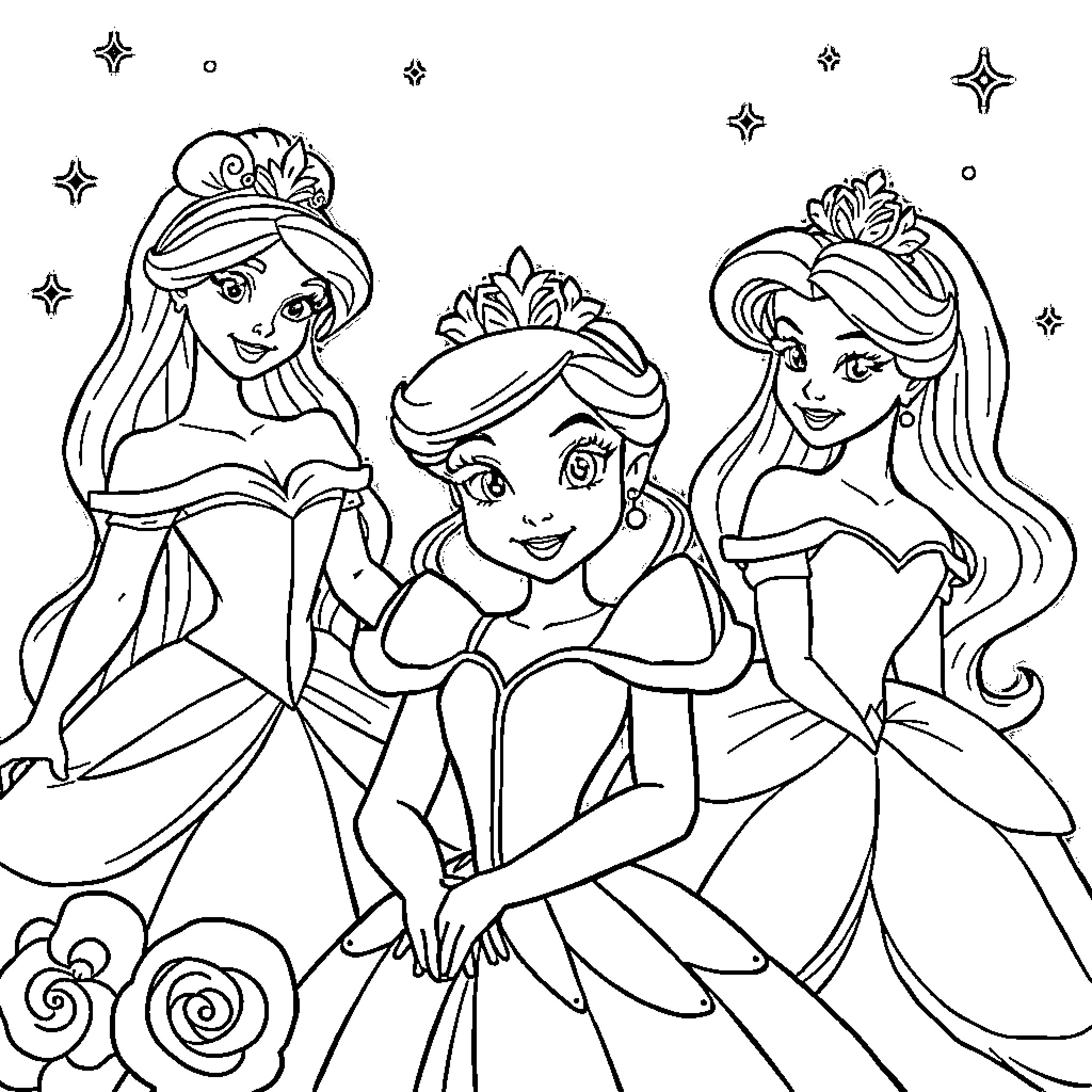 Disney Princess Friends Enjoying Magical Adventure Coloring Page (free black-and-white line drawing printable PDF for all, from beginners to advanced learners, including children, teens, adults, and seniors)
