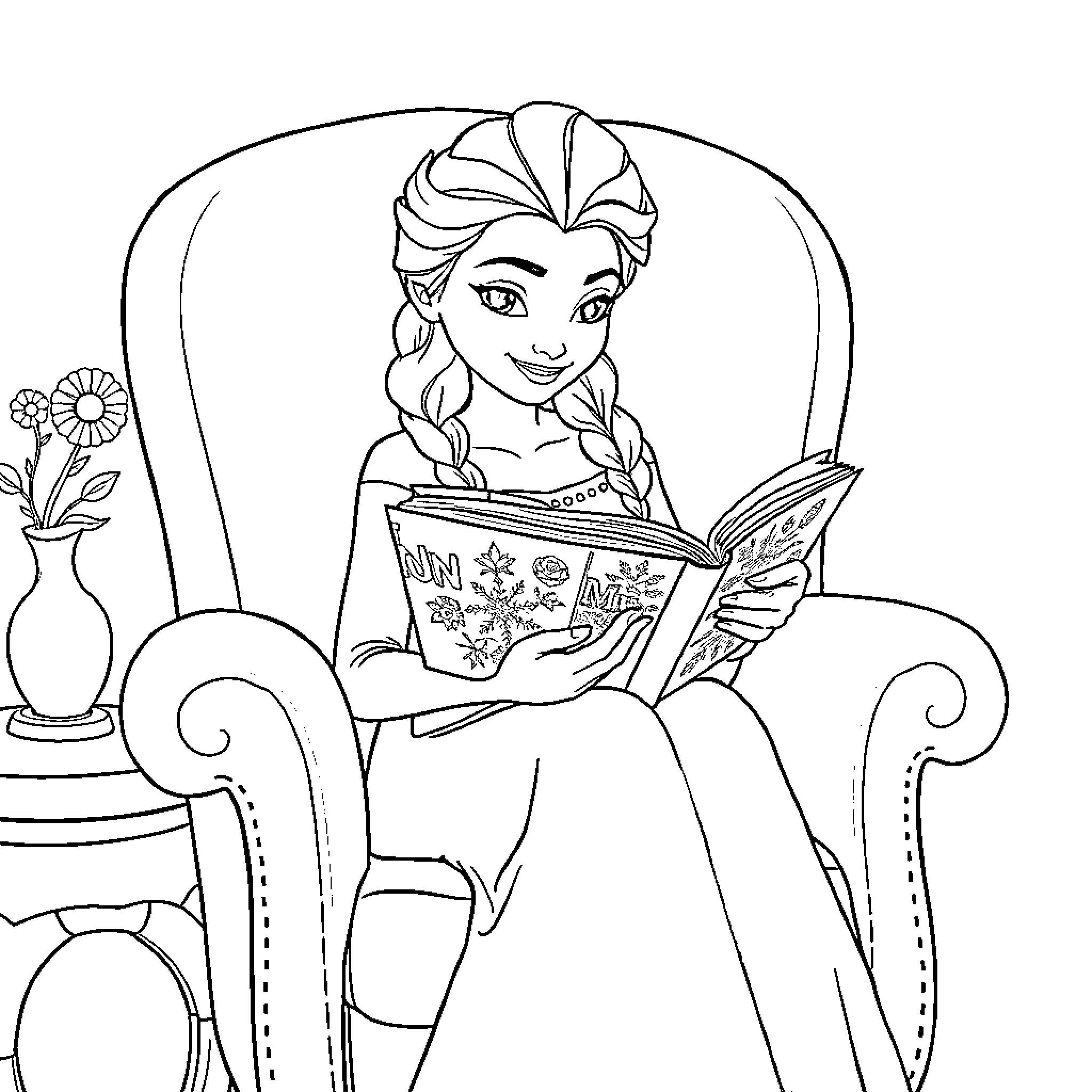 Elsa Reads a Storybook in an Elegant Chair Coloring Page (free black-and-white line drawing printable PDF for all, from beginners to advanced learners, including children, teens, adults, and seniors)