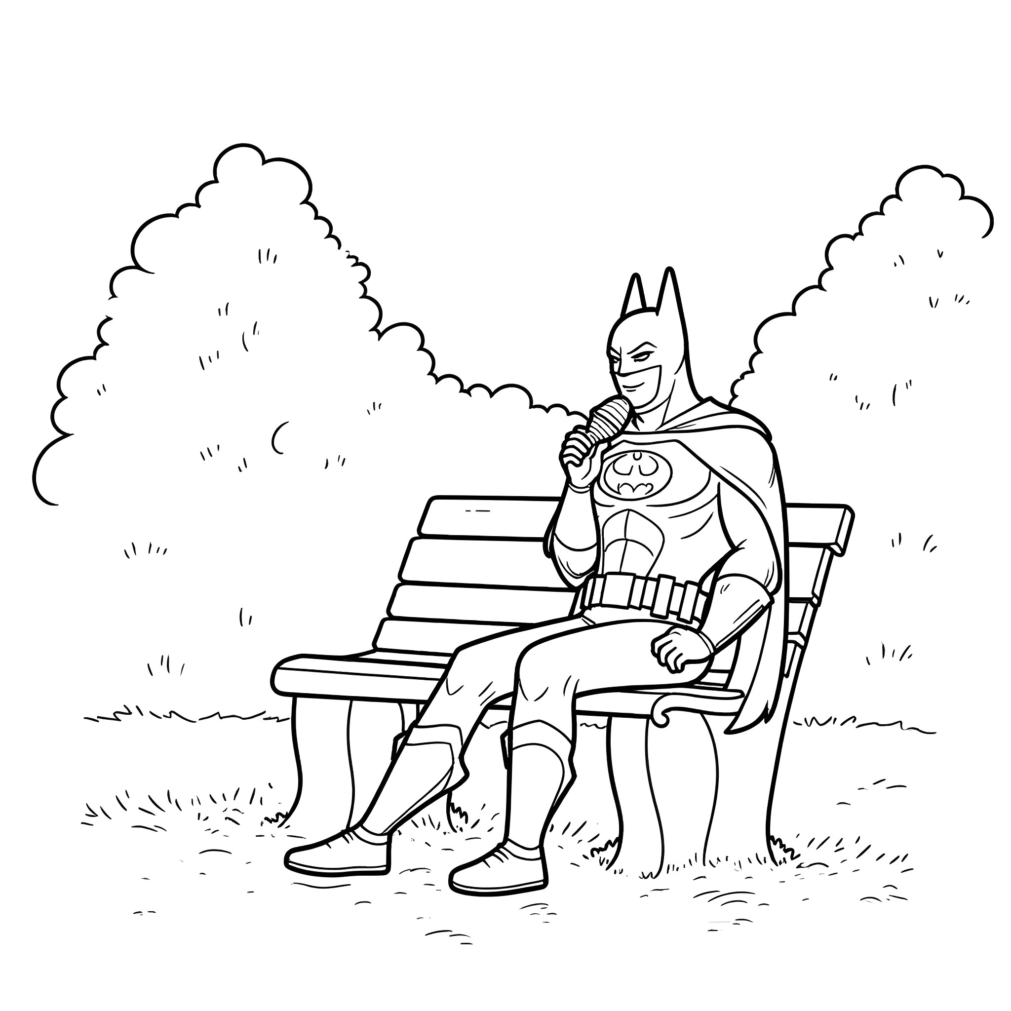 Batman relaxing on a park bench Coloring Page (free black-and-white line drawing printable PDF for all, from beginners to advanced learners, including children, teens, adults, and seniors)