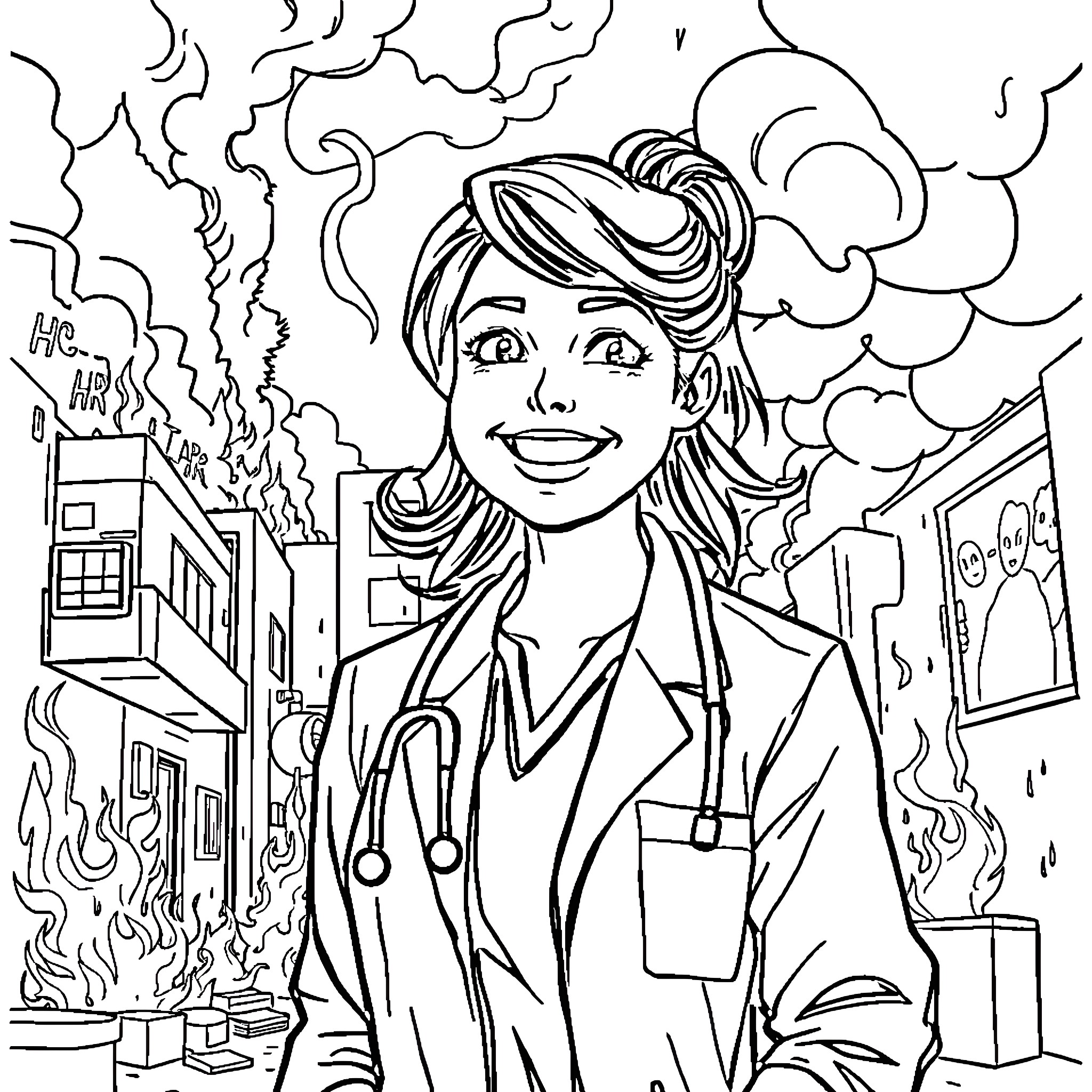 Doctor Assisting during Emergency Situation Coloring Page (free black-and-white line drawing printable PDF for all, from beginners to advanced learners, including children, teens, adults, and seniors)