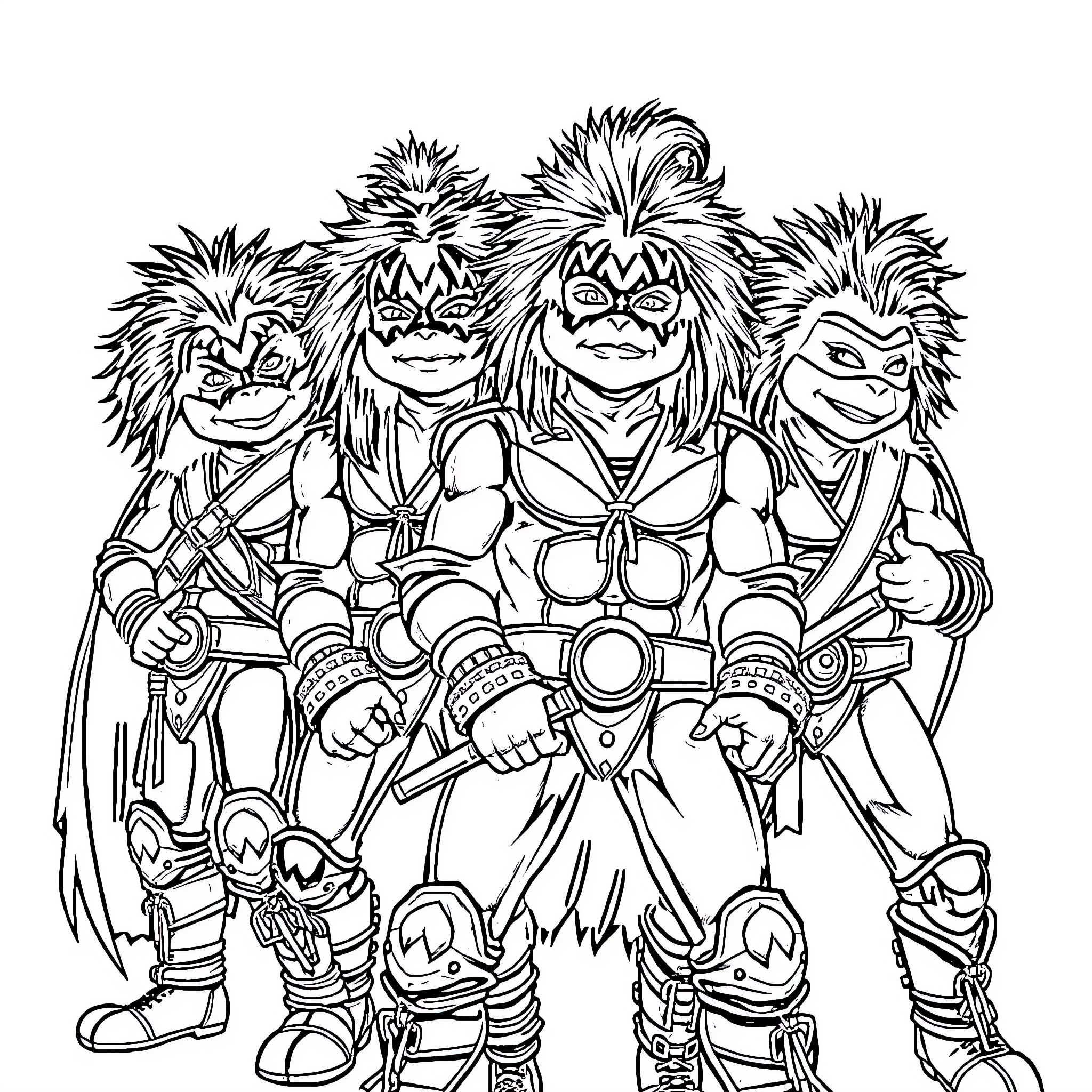 Ninja Turtle group in fierce battle stance Coloring Page (free black-and-white line drawing printable PDF for all, from beginners to advanced learners, including children, teens, adults, and seniors)