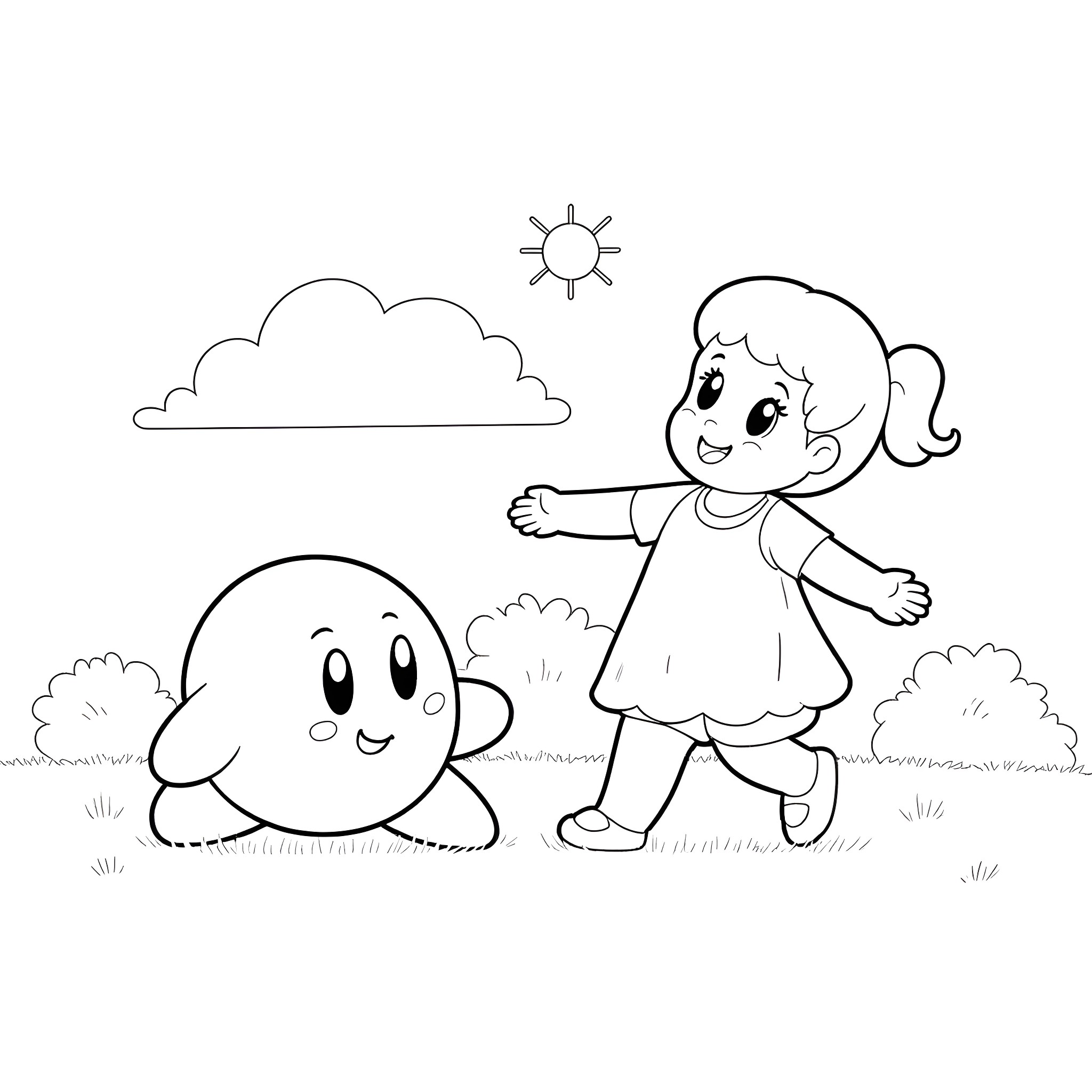Kirby and girl playing in the park Coloring Page (free black-and-white line drawing printable PDF for all, from beginners to advanced learners, including children, teens, adults, and seniors)