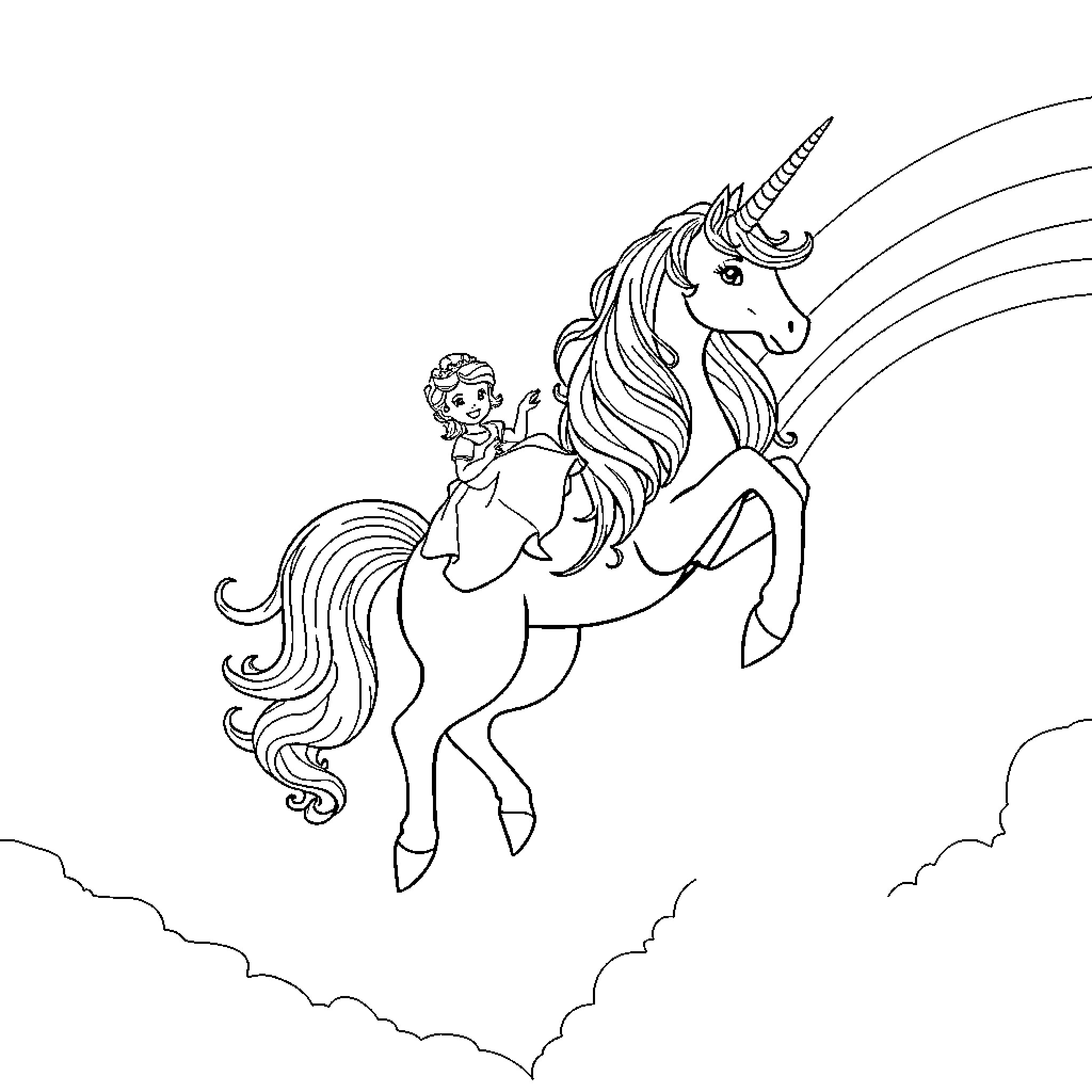 Unicorn carrying girl through the clouds Coloring Page (free black-and-white line drawing printable PDF for all, from beginners to advanced learners, including children, teens, adults, and seniors)