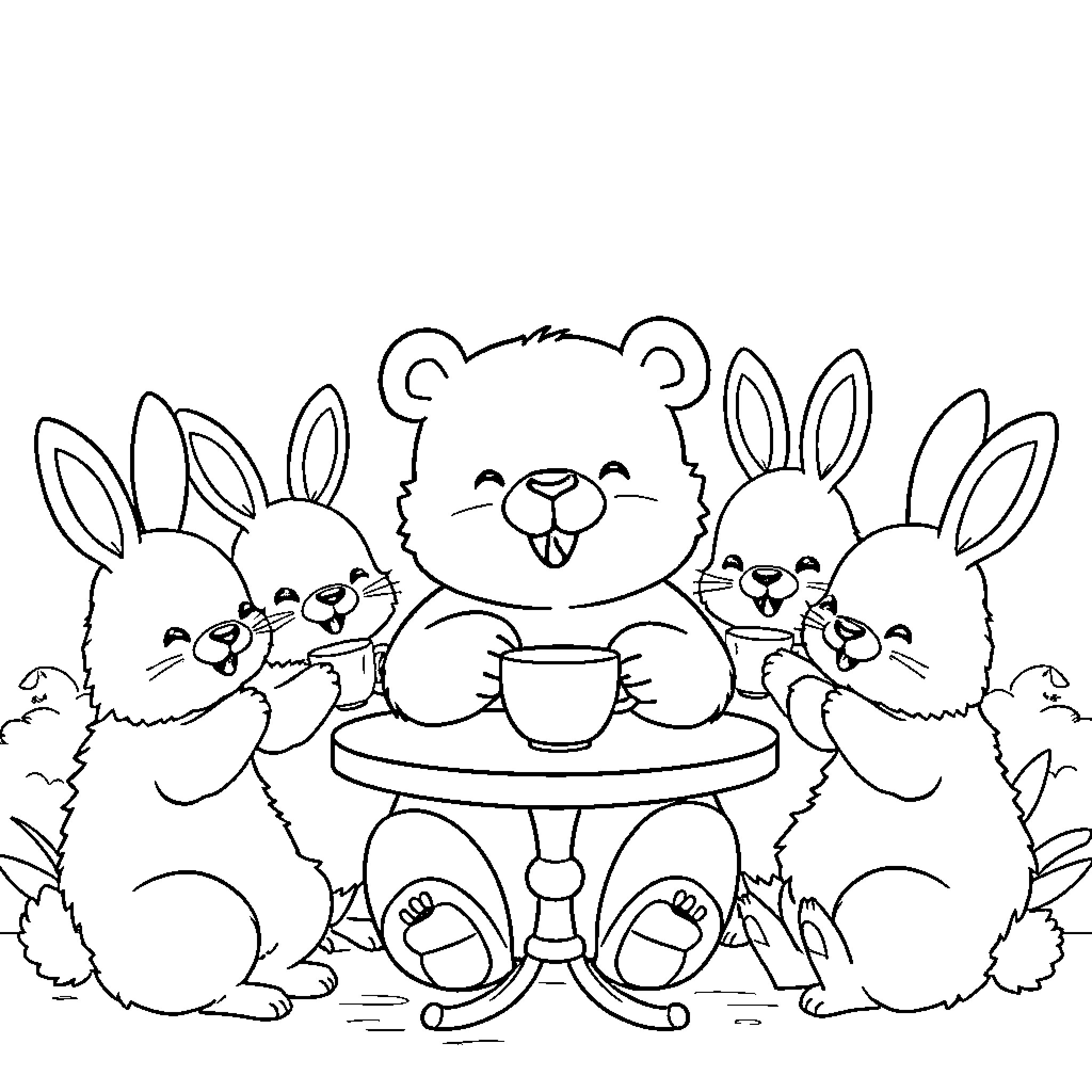 Bear and rabbits enjoying tea time together Coloring Page (free black-and-white line drawing printable PDF for all, from beginners to advanced learners, including children, teens, adults, and seniors)